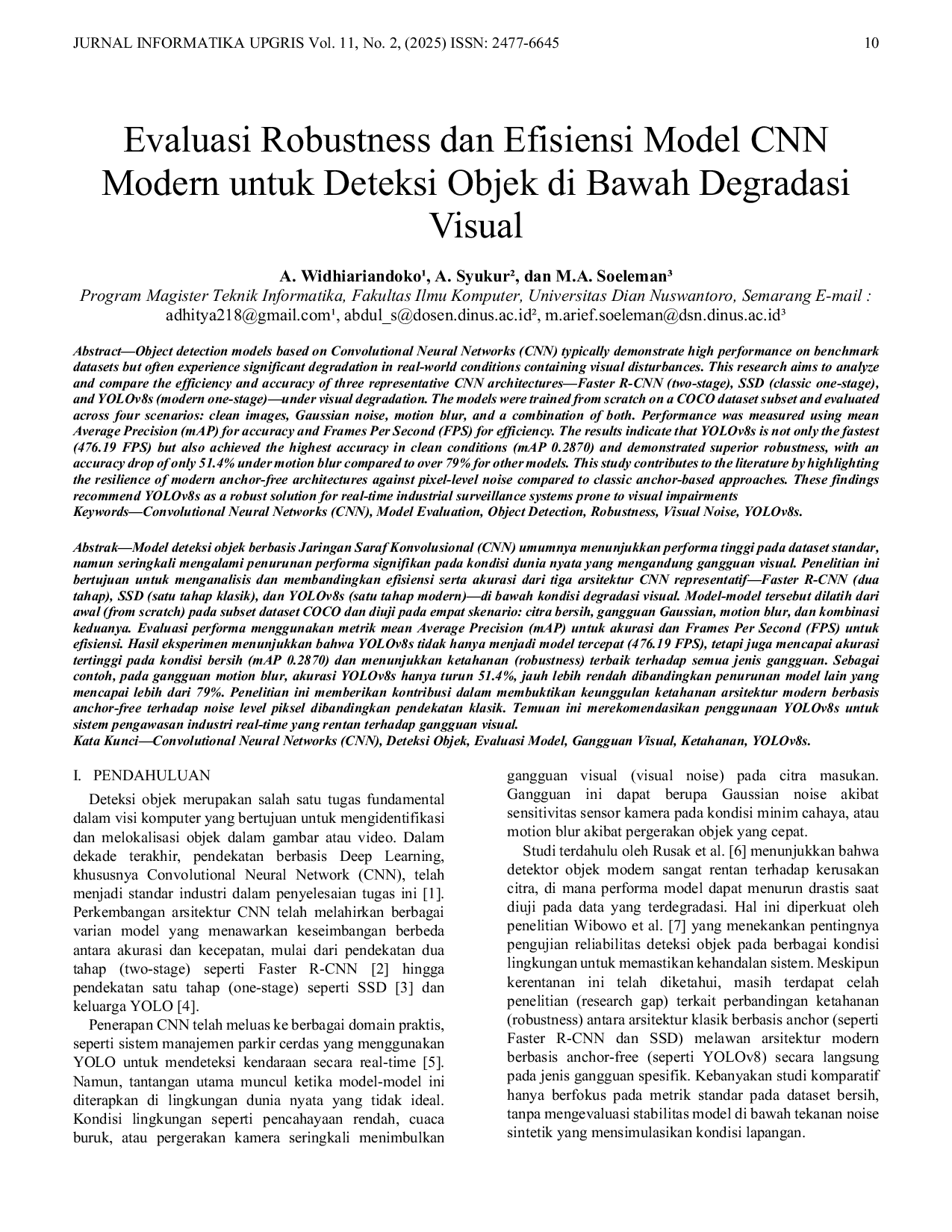 JURIS Perbandingan Efisiensi dan Akurasi Model Jaringan Saraf Konvolusional untuk Deteksi Objek pada Lingkungan dengan Gangguan Visual