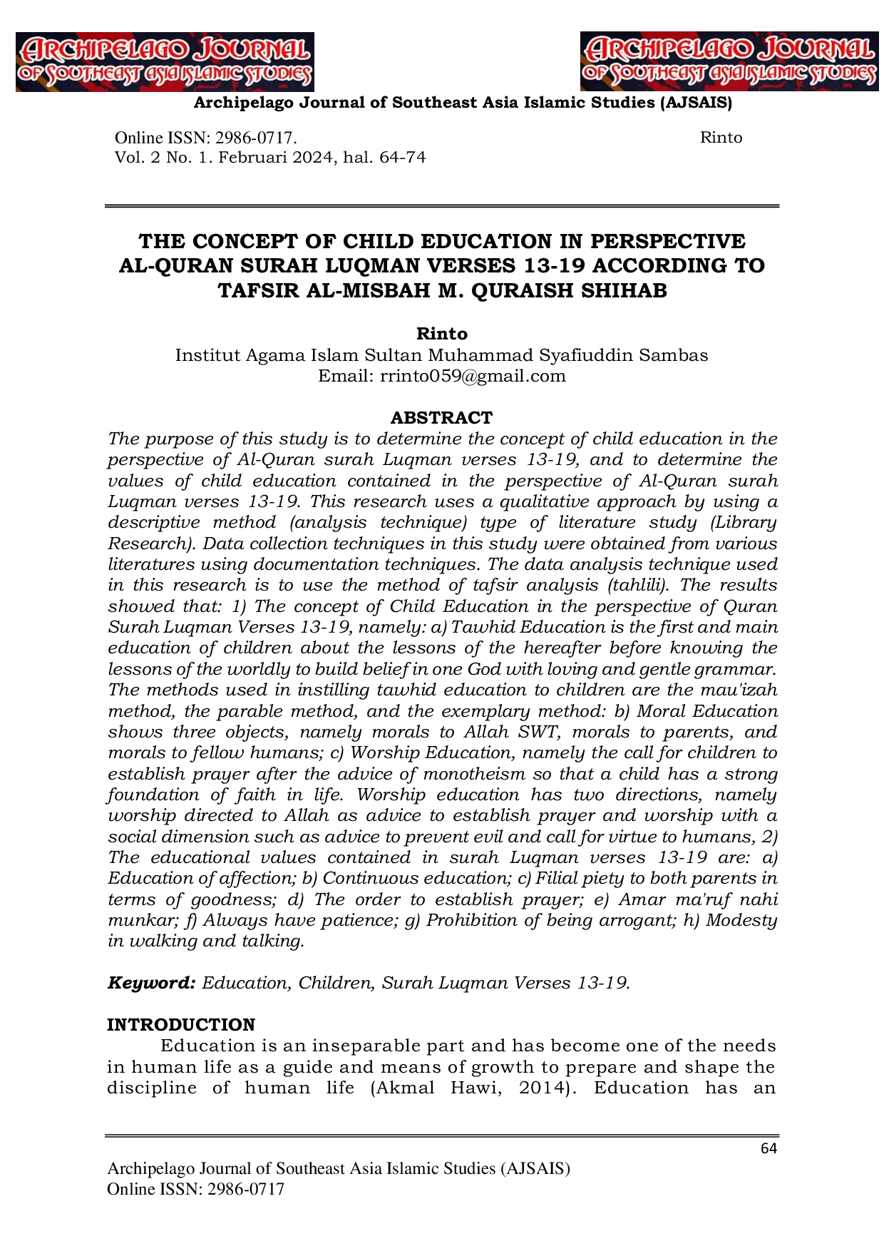 JURIS The Concept of Child Education in Perspective Al Quran Surah Luqman Verses 13 19 According to Tafsir Al Misbah M Quraish Shihab