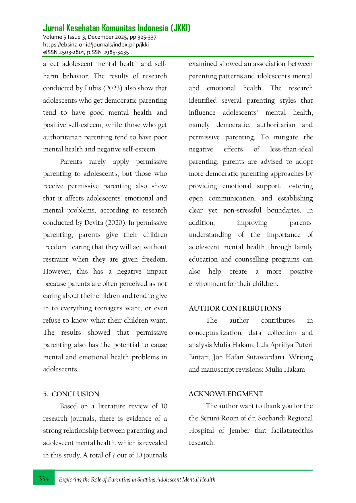 JURIS Exploring the Role of Parenting in Shaping Adolescent Mental Health A Review of Literature