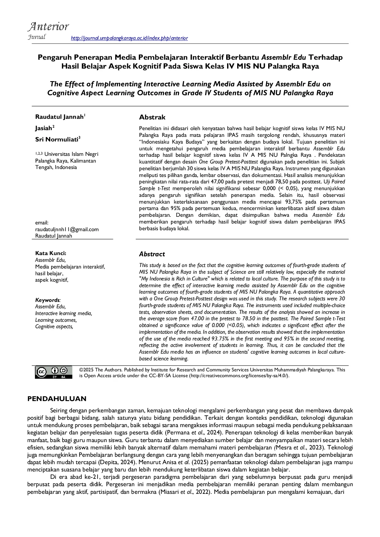 JURIS Pengaruh Penerapan Media Pembelajaran Interaktif Berbantu Assemblr Edu terhadap Hasil Belajar Aspek Kognitif pada Siswa Kelas IV MIS NU Palangka Raya