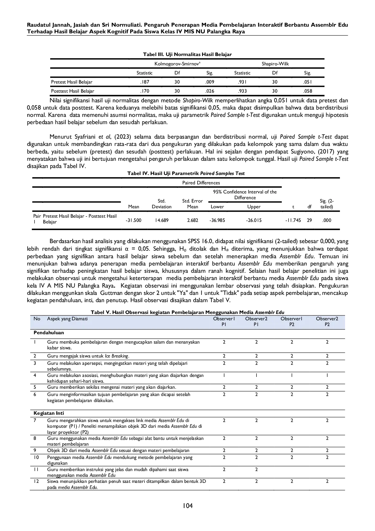 JURIS Pengaruh Penerapan Media Pembelajaran Interaktif Berbantu Assemblr Edu terhadap Hasil Belajar Aspek Kognitif pada Siswa Kelas IV MIS NU Palangka Raya
