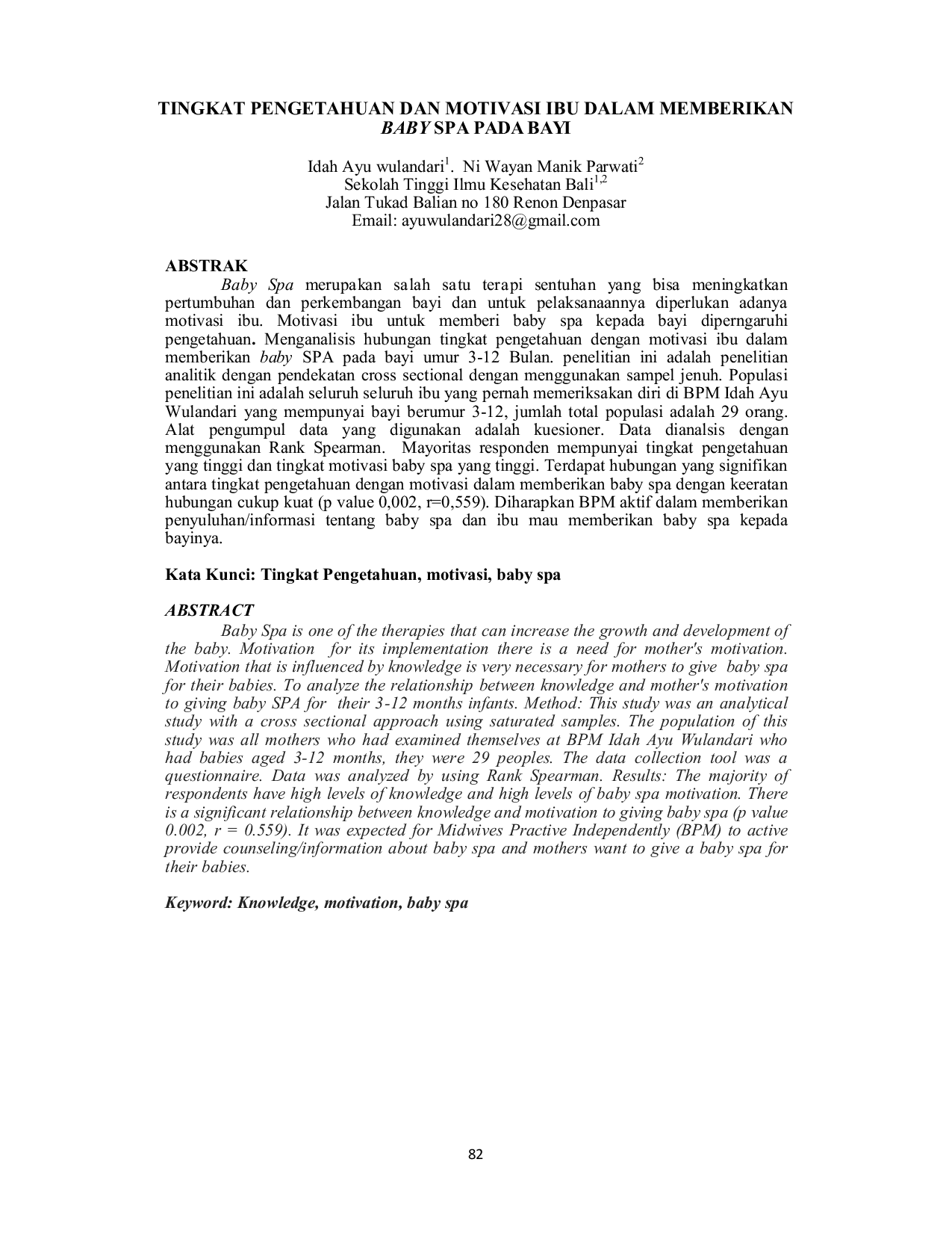 JURIS Tingkat Pengetahuan Dan Motivasi Ibu Dalam Memberikan Baby Spa Pada Bayi