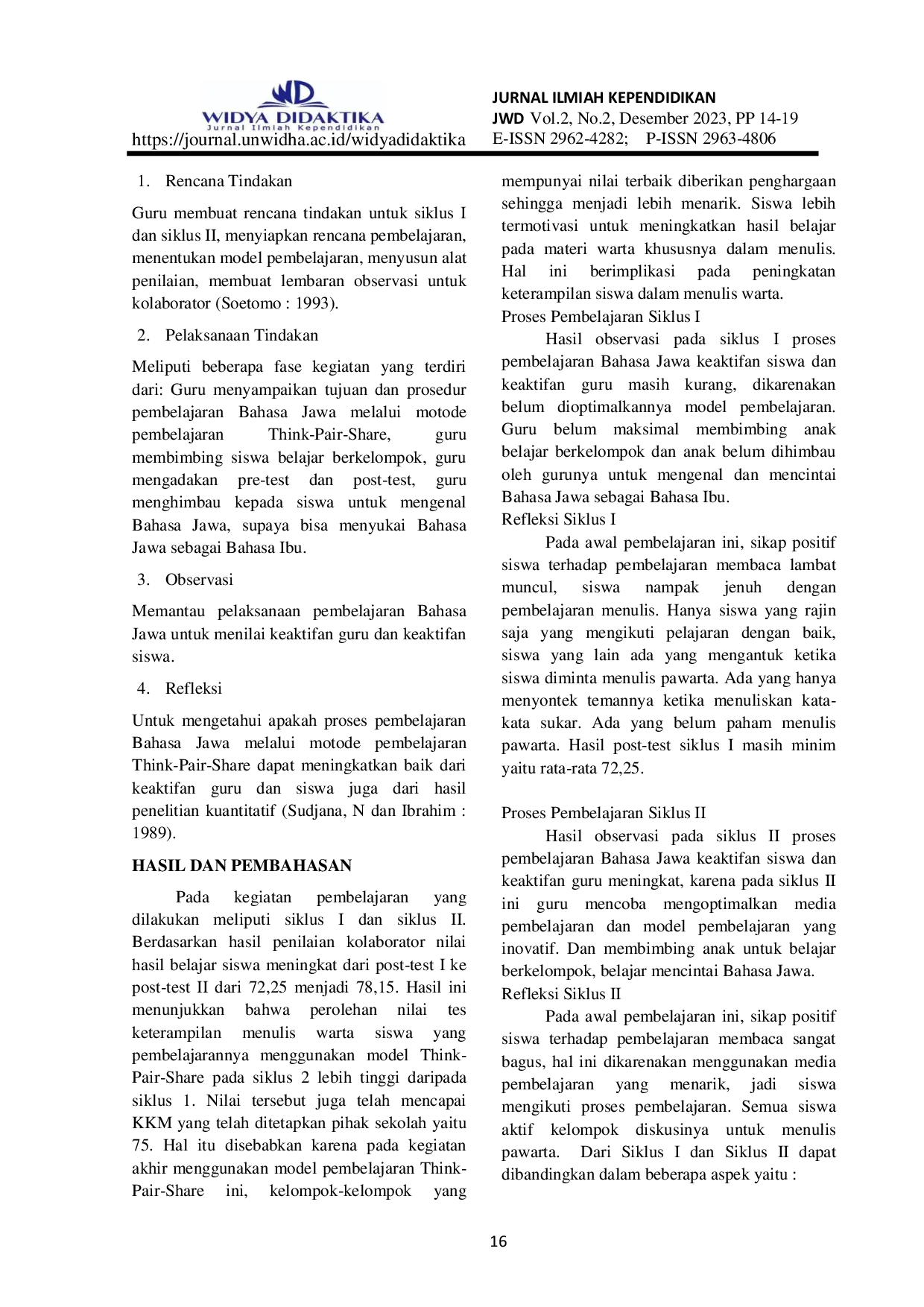 JURIS PENINGKATAN KEMAMPUAN MENULIS TEKS PAWARTA MELALUI METODE PEMBELAJARAN THINK PAIR SHARE PADA SISWA KELAS X BUSANA SMK MUHAMMADIYAH KARTASURA TAHUN PELAJARAN 2023 2024 Peningkatan Kemampuan Menulis T