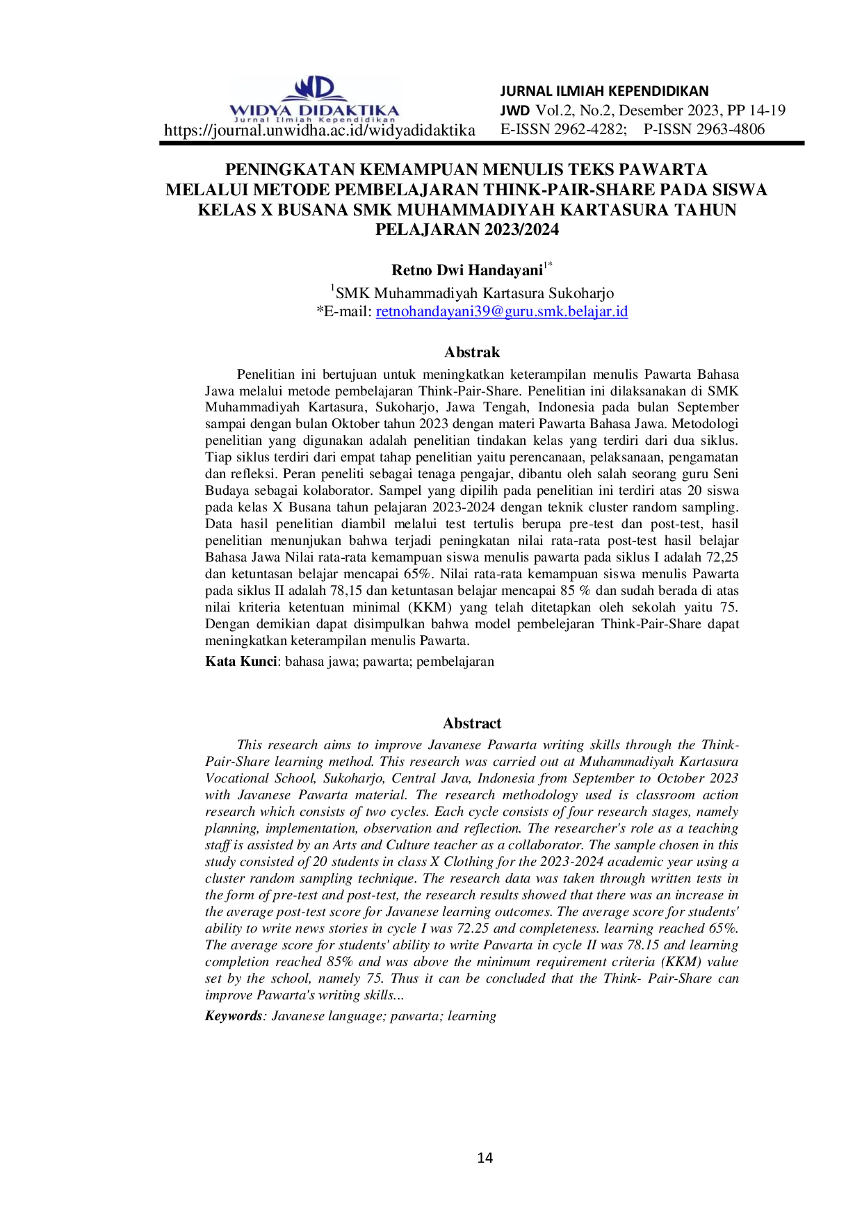 JURIS PENINGKATAN KEMAMPUAN MENULIS TEKS PAWARTA MELALUI METODE PEMBELAJARAN THINK PAIR SHARE PADA SISWA KELAS X BUSANA SMK MUHAMMADIYAH KARTASURA TAHUN PELAJARAN 2023 2024 Peningkatan Kemampuan Menulis T
