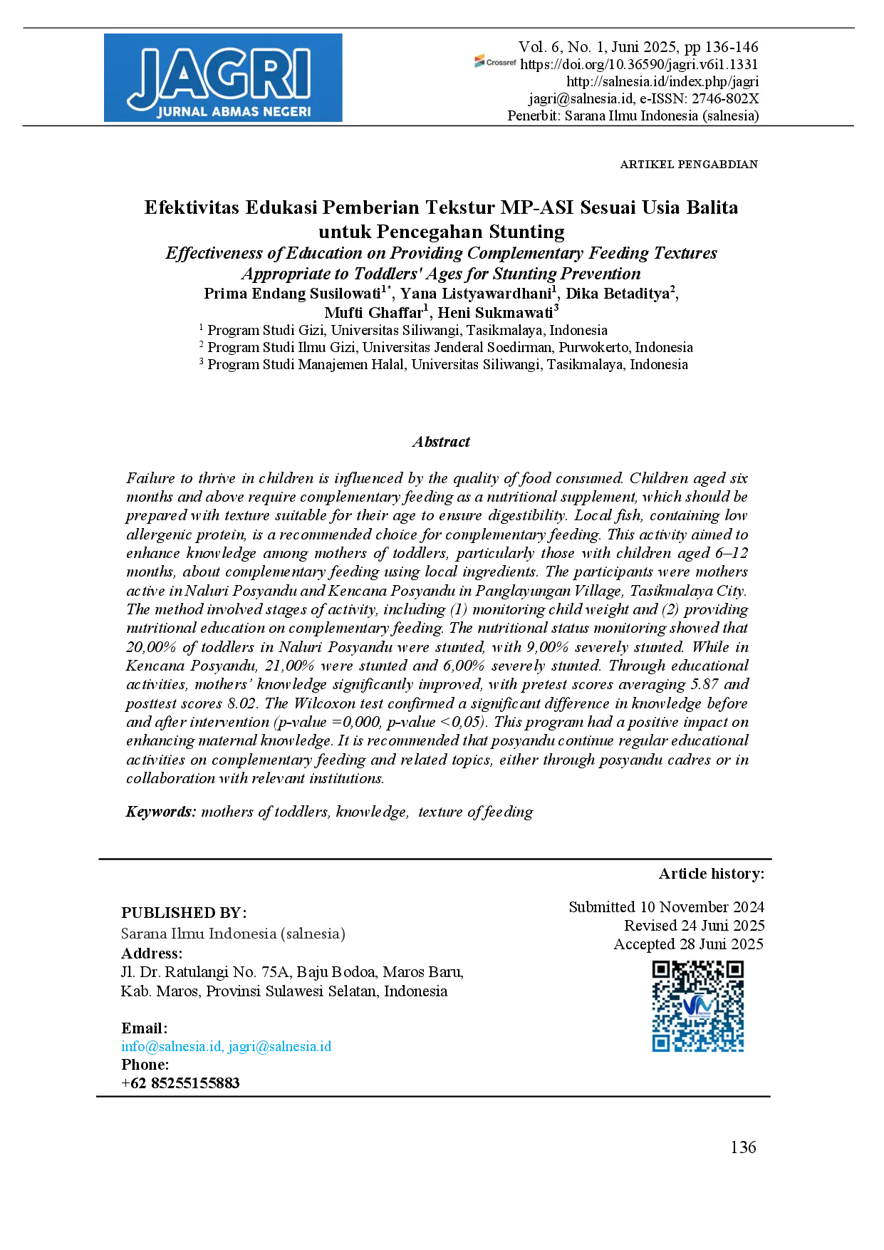 juris Effectiveness of Education on Providing Complementary Feeding Textures Appropriate to Toddlers Ages for Stunting Prevention