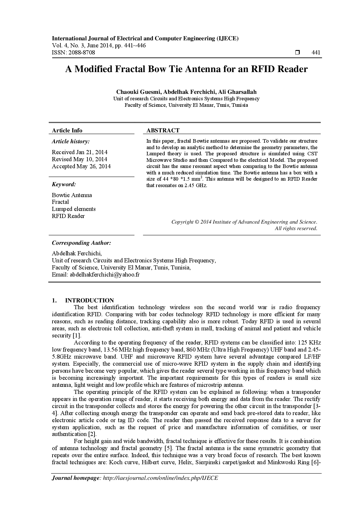 juris A Modified Fractal Bow Tie Antenna for an RFID Reader