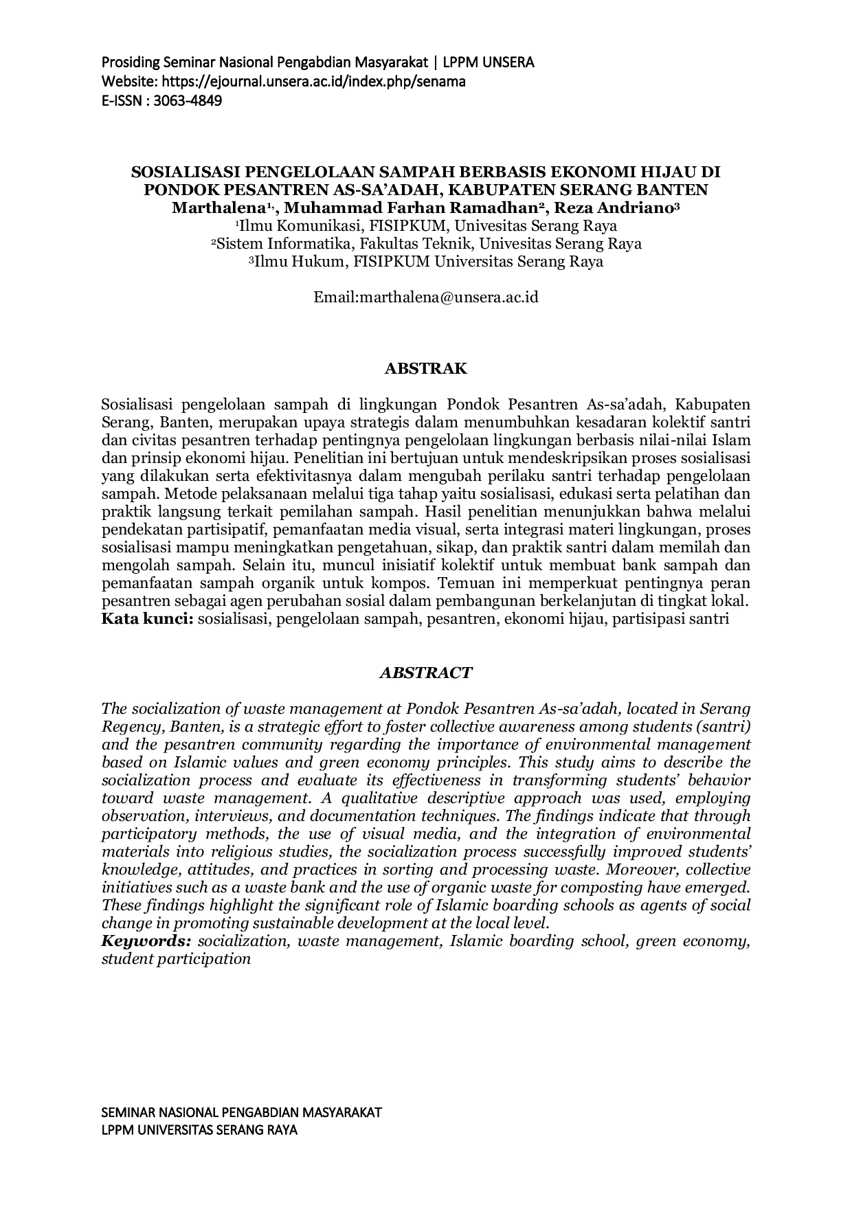 JURIS Sosialisasi Pengelolaan Sampah Berbasis Ekonomi Hijau di Pondok Pesantren As Sa adah Kabupaten Serang Banten