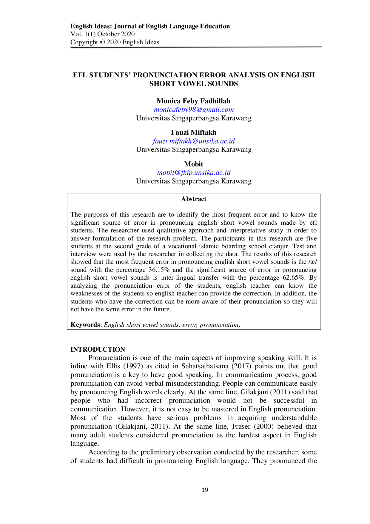 JURIS EFL students pronunciation error on English short vowel sounds