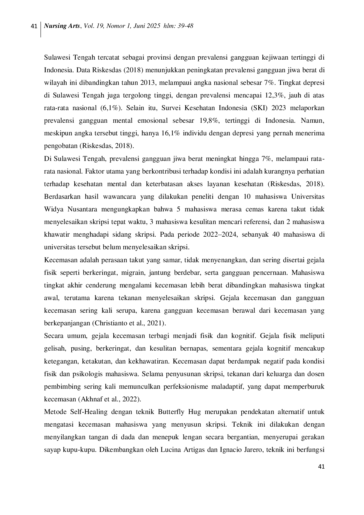 JURIS Pengaruh Metode Self Healing dengan Teknik Butterfly Hug Terhadap Penurunan Kecemasan Dalam Penyusunan Skripsi Pada Mahasiswa Keperawatan