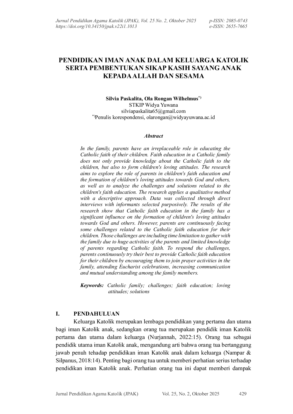 JURIS Pendidikan Iman Anak dalam Keluarga Katolik serta Pembentukan Sikap Kasih Sayang Anak Kepada Allah dan Sesama