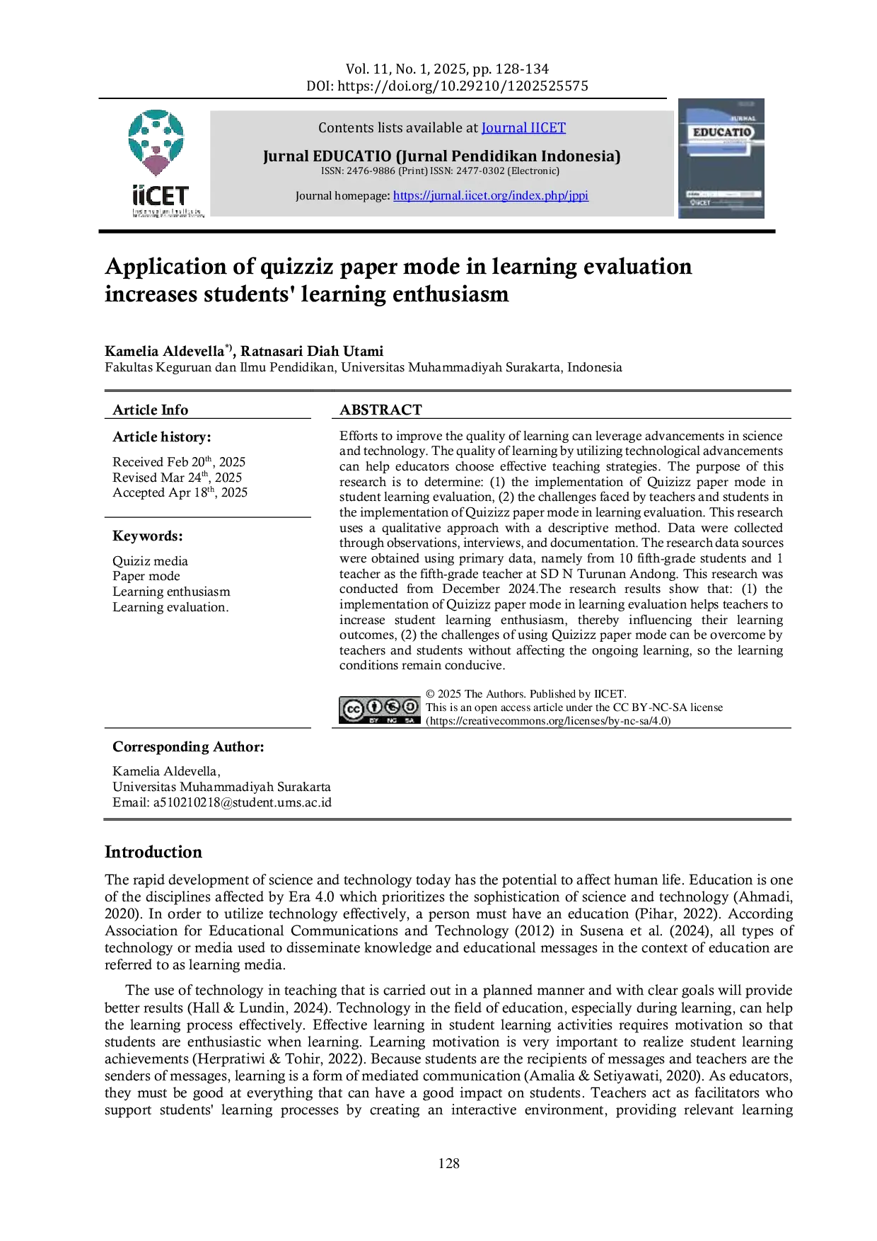 JURIS Application of quizziz paper mode in learning evaluation increases students learning enthusiasm