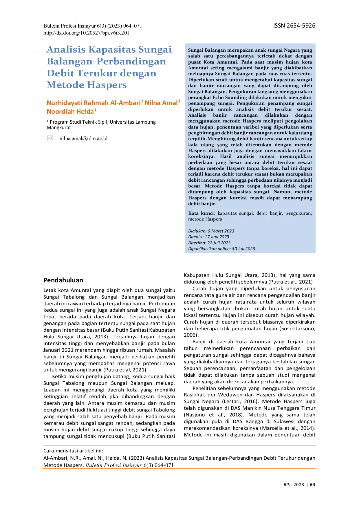 JURIS Analisis Kapasitas Sungai Balangan Perbandingan Debit Terukur dengan Metode Haspers