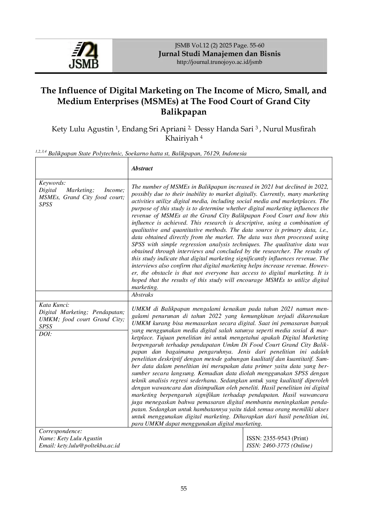 JURIS The Influence of Digital Marketing on The Income of Micro Small and Medium Enterprises msmes at The Food Court of Grand City balikpapan