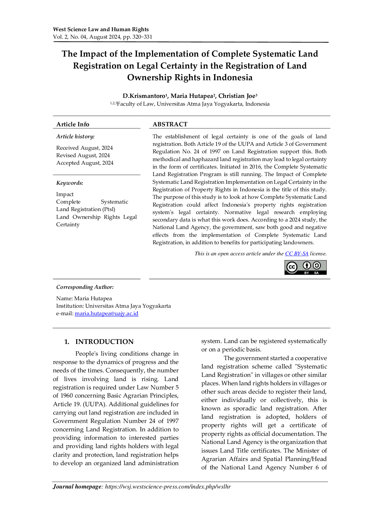 JURIS The Impact of the Implementation of Complete Systematic Land Registration on Legal Certainty in the Registration of Land Ownership Rights in Indonesia