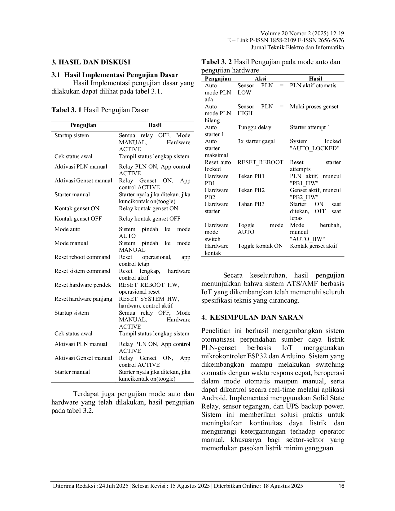 JURIS Sistem Otomatisasi Perpindahan Sumber Daya Listrik PLN Genset Berbasis IoT Dengan Mikrokontroler ESP32 Arduino