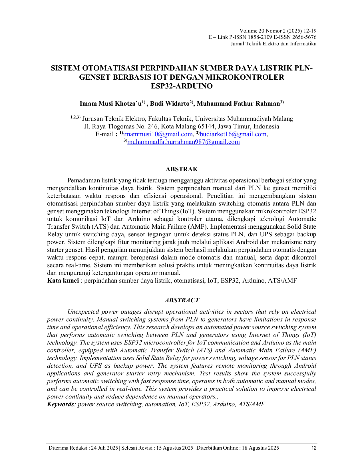 JURIS Sistem Otomatisasi Perpindahan Sumber Daya Listrik PLN Genset Berbasis IoT Dengan Mikrokontroler ESP32 Arduino