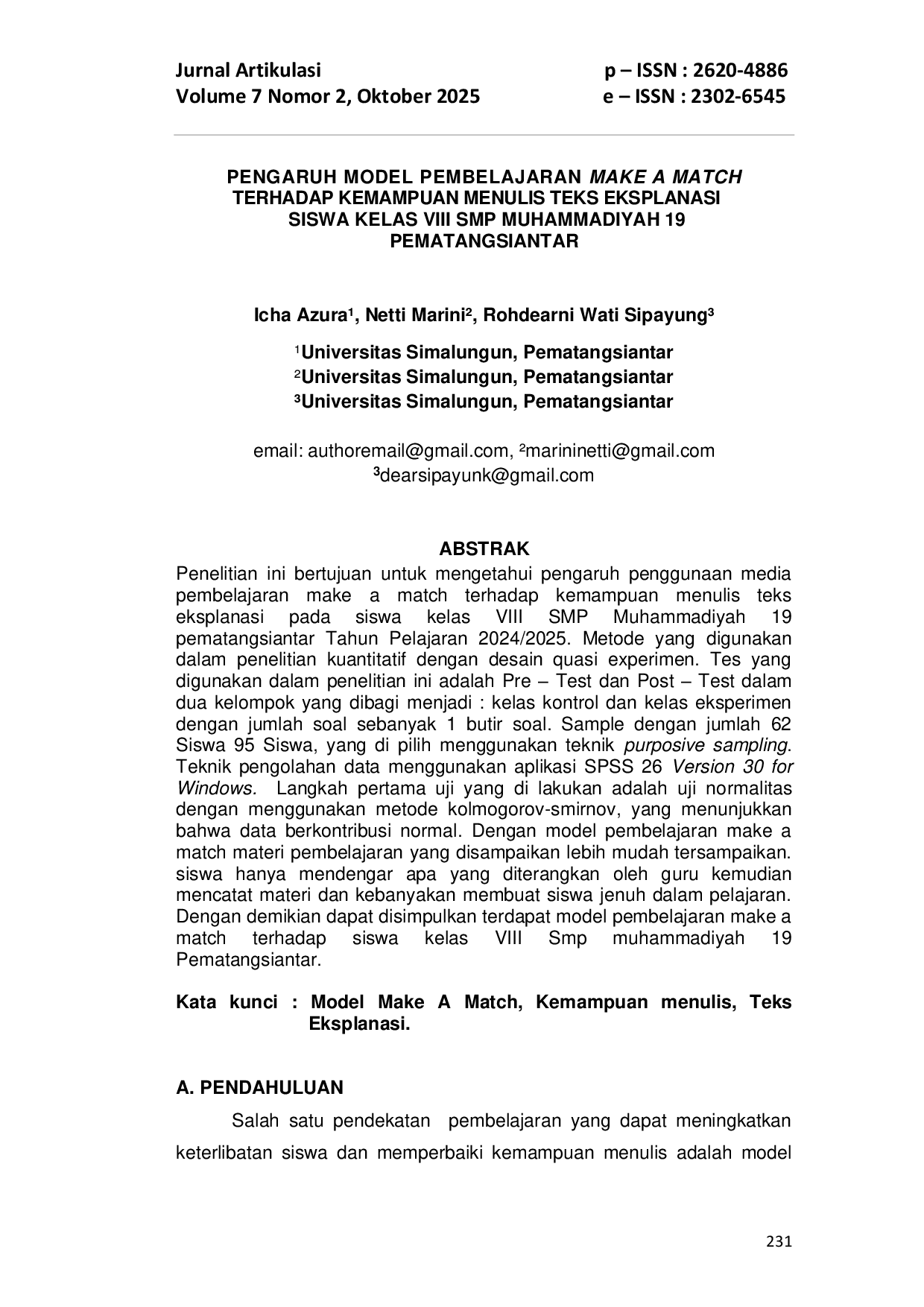 JURIS Pengaruh Model Pembelajaran Make A Match Terhadap Kemampuan Menulis Teks Eksplanasi Siswa Kelas VIII SMP Muhammadiyah 19 Pematangsiantar