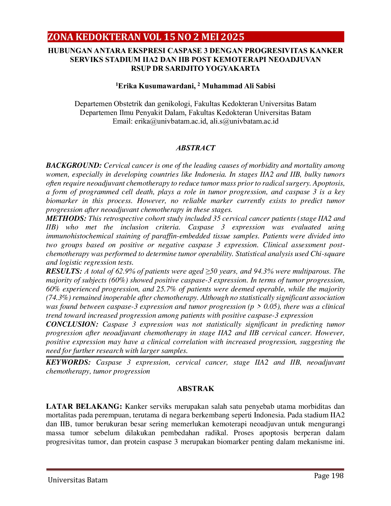 JURIS Hubungan Antara Ekspresi Caspase 3 Dengan Progresivitas Kanker Serviks Stadium Iia2 Dan Iib Post Kemoterapi Neoadjuvan Rsup Dr Sardjito Yogyakarta