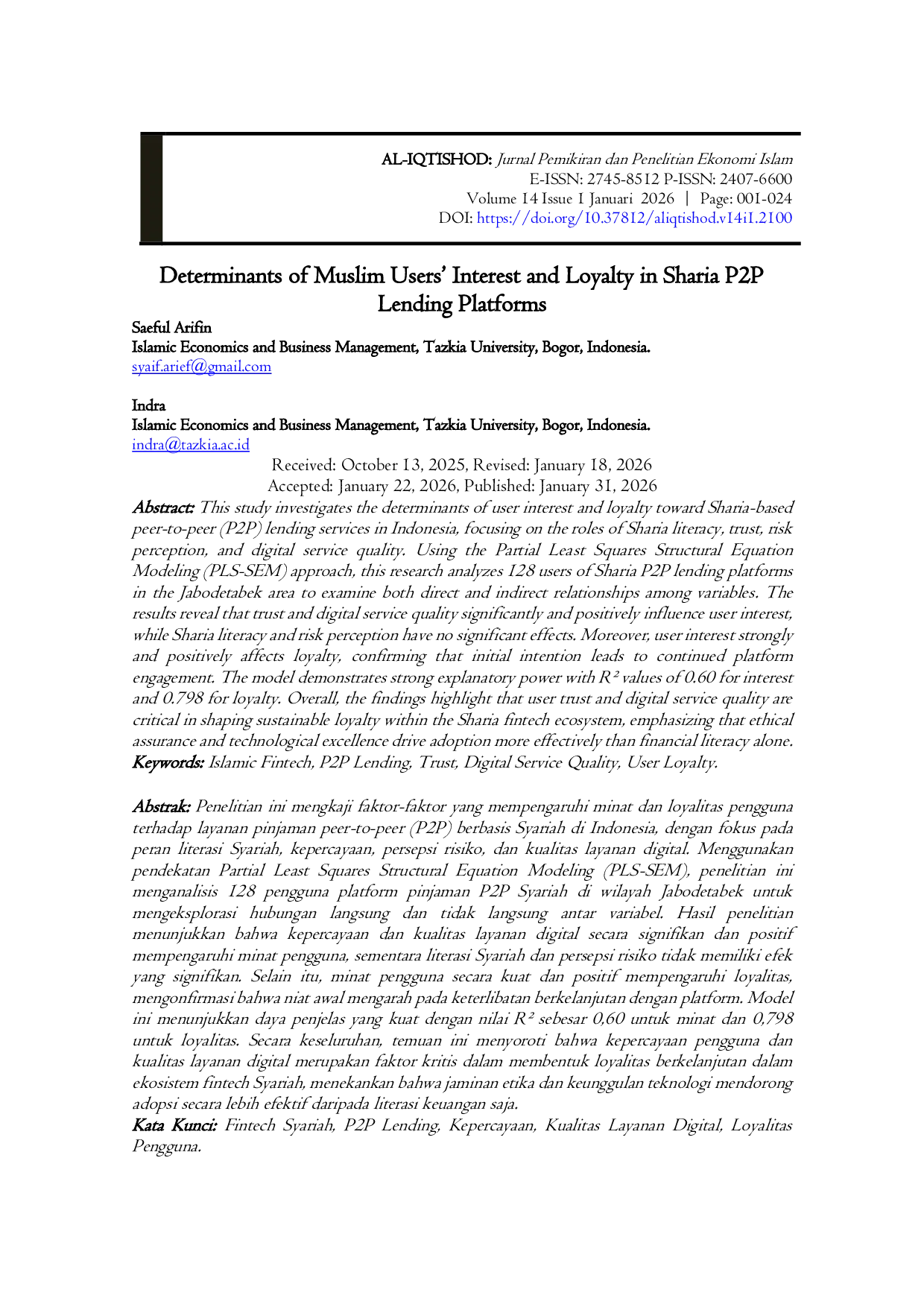 JURIS Determinants of Muslim Users Interest and Loyalty in Sharia P2P Lending Platforms