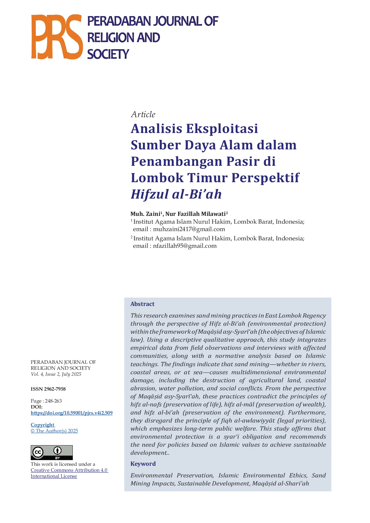 JURIS Analisis Eksploitasi Sumber Daya Alam dalam Penambangan Pasir di Lombok Timur Perspektif Hifzul al Bi ah