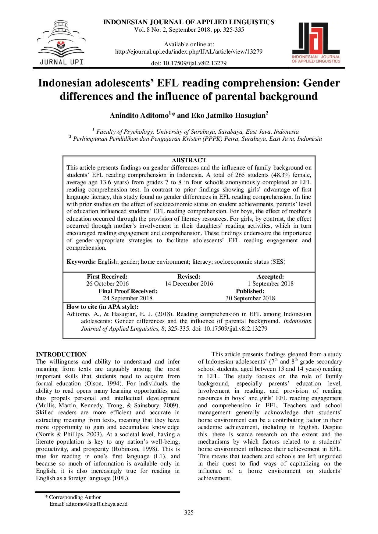 JURIS Indonesian adolescents EFL reading comprehension Gender differences and the influence of parental background