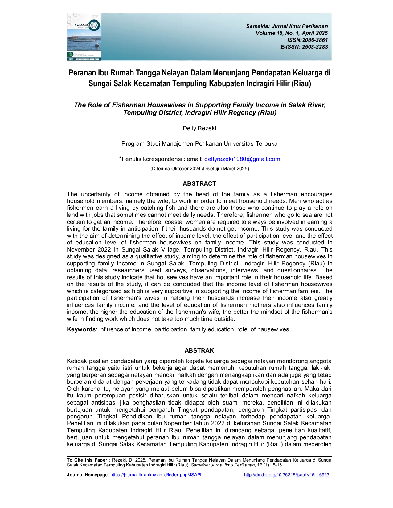 JURIS Peranan Ibu Rumah Tangga Nelayan Dalam Menunjang Pendapatan Keluarga di Sungai Salak Kecamatan Tempuling Kabupaten Indragiri Hilir Riau