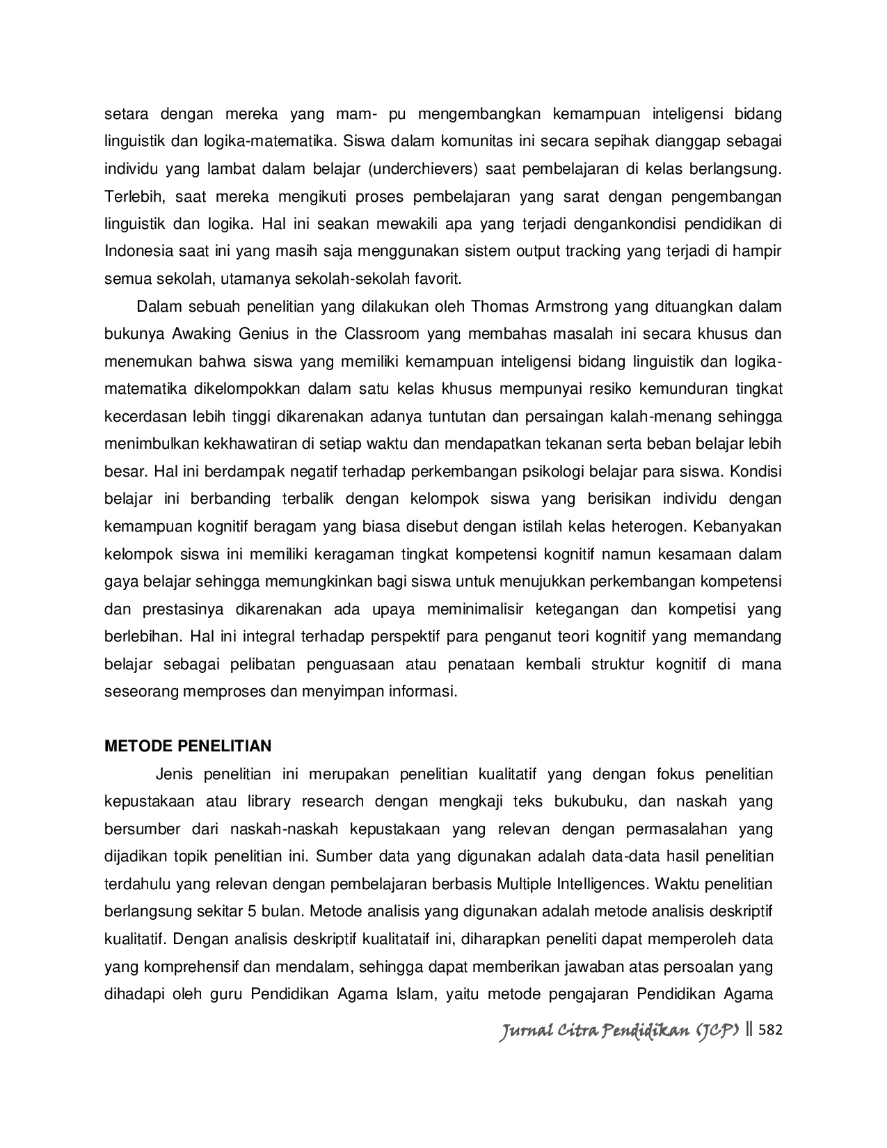 JURIS Strategi Pembelajaran Pendidikan Agama Islam Berbasis Multiple Intelligences Sebagai Upaya Pemecahan Masalah Belajar