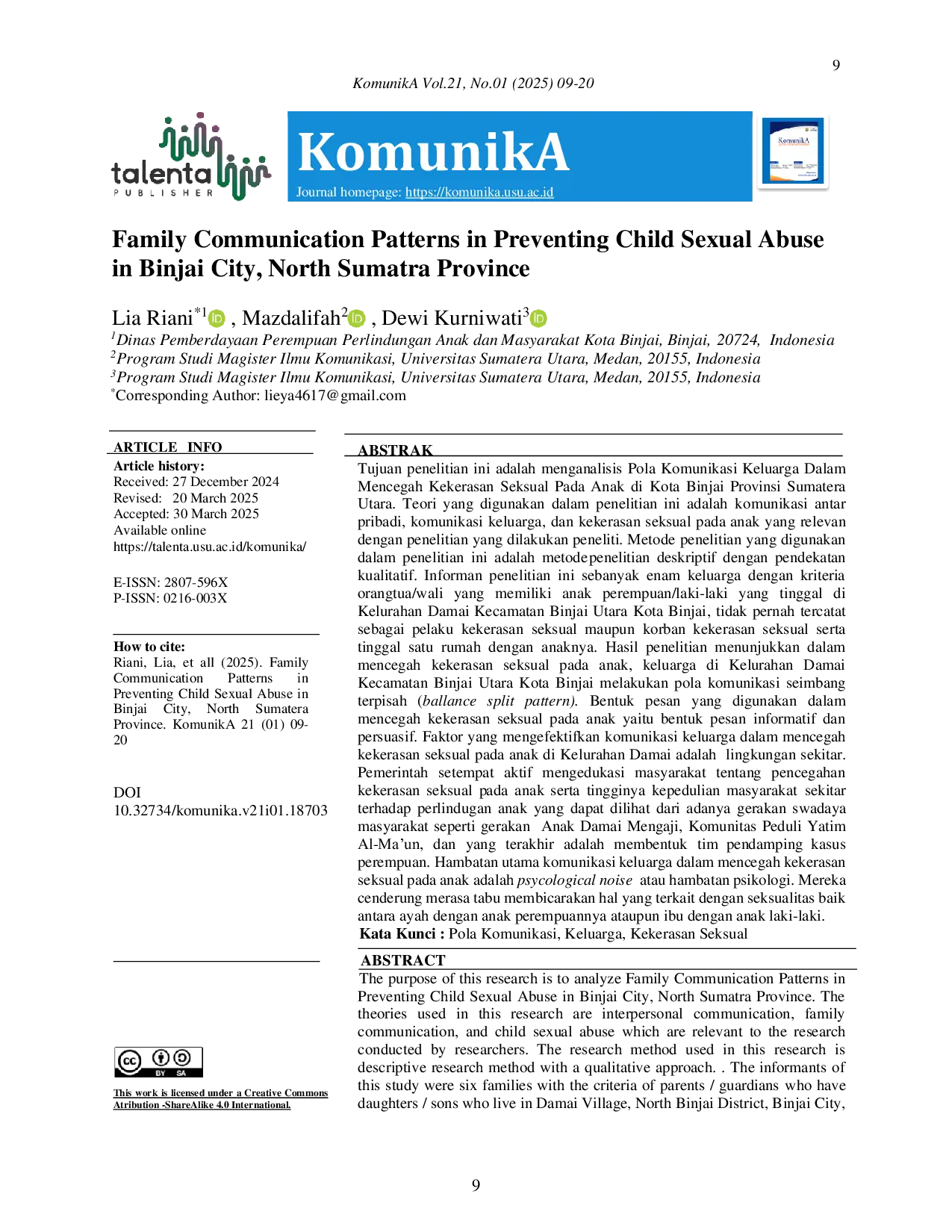 JURIS Family Communication Patterns in Preventing Child Sexual Abuse in Binjai City North Sumatra Province