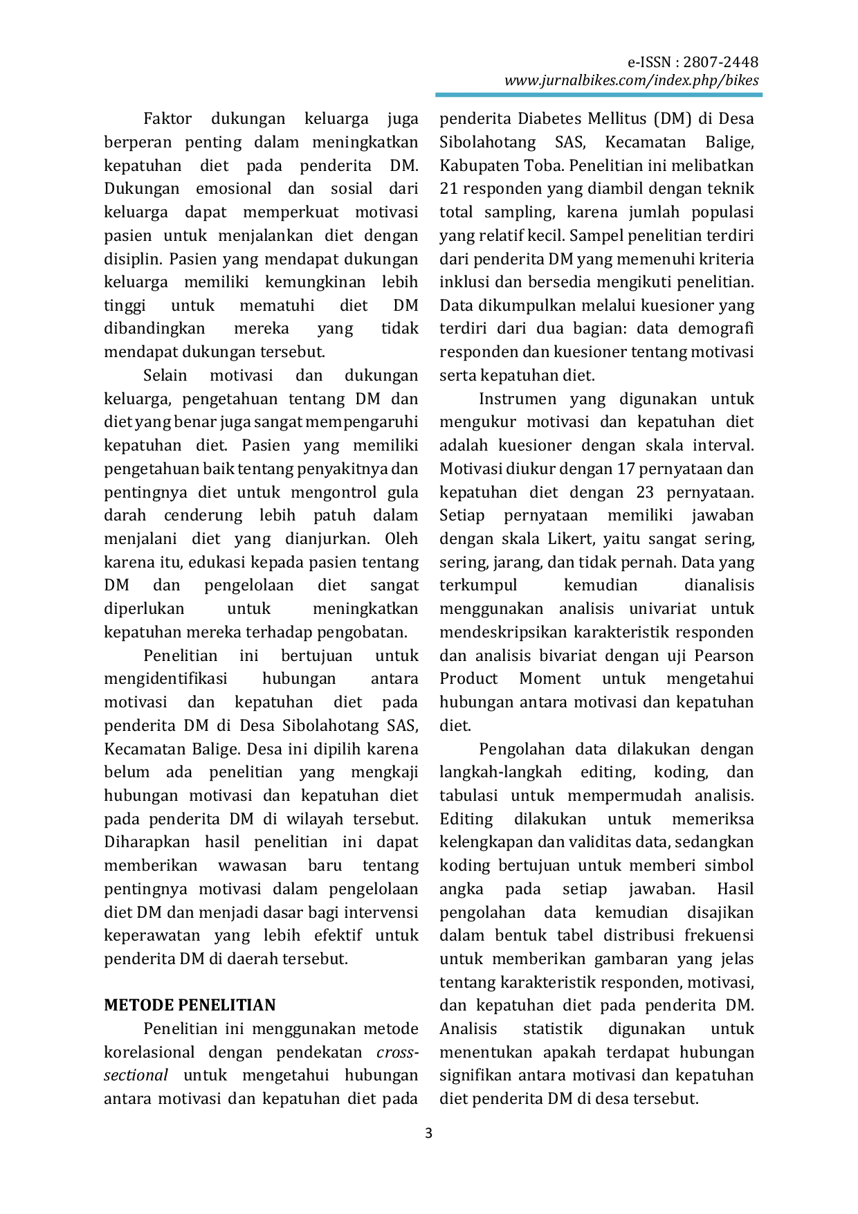 JURIS Hubungan Motivasi dengan Kepatuhan Diet pada Penderita Diabetes Mellitus di Desa Sibolahotang SAS Kecamatan Balige