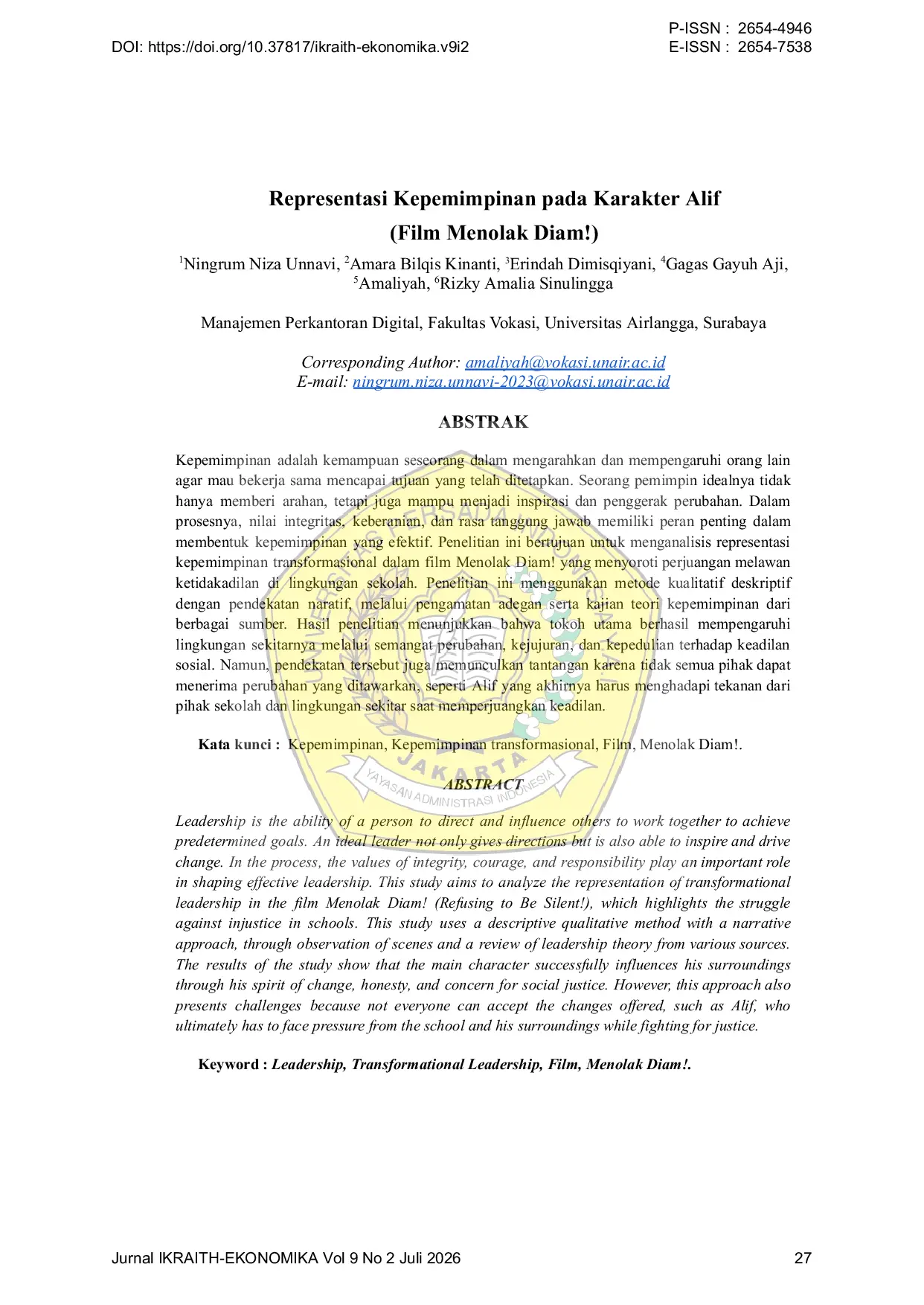 JURIS Representasi Kepemimpinan pada Karakter Alif Film Menolak Diam