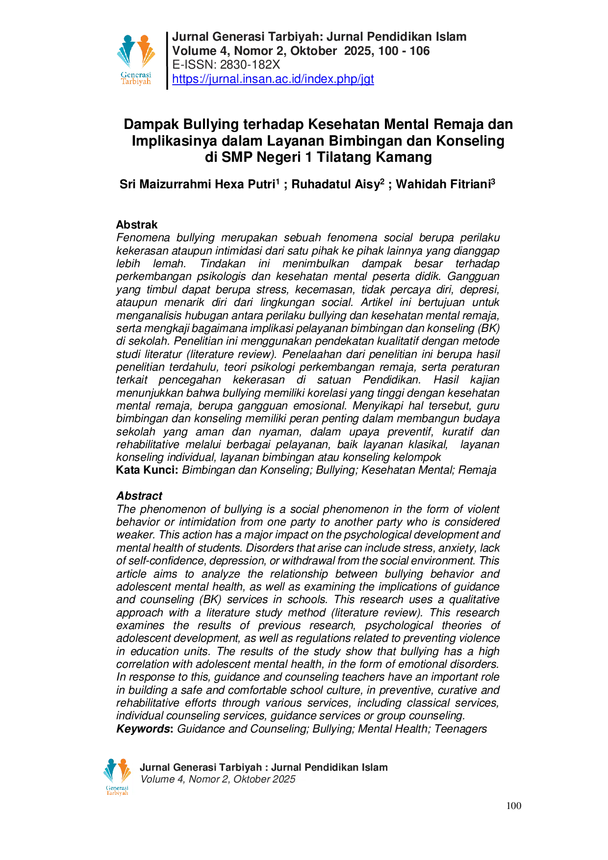 JURIS Dampak Bullying terhadap Kesehatan Mental Remaja dan Implikasinya dalam Layanan Bimbingan dan Konseling di SMP Negeri 1 Tilatang Kamang