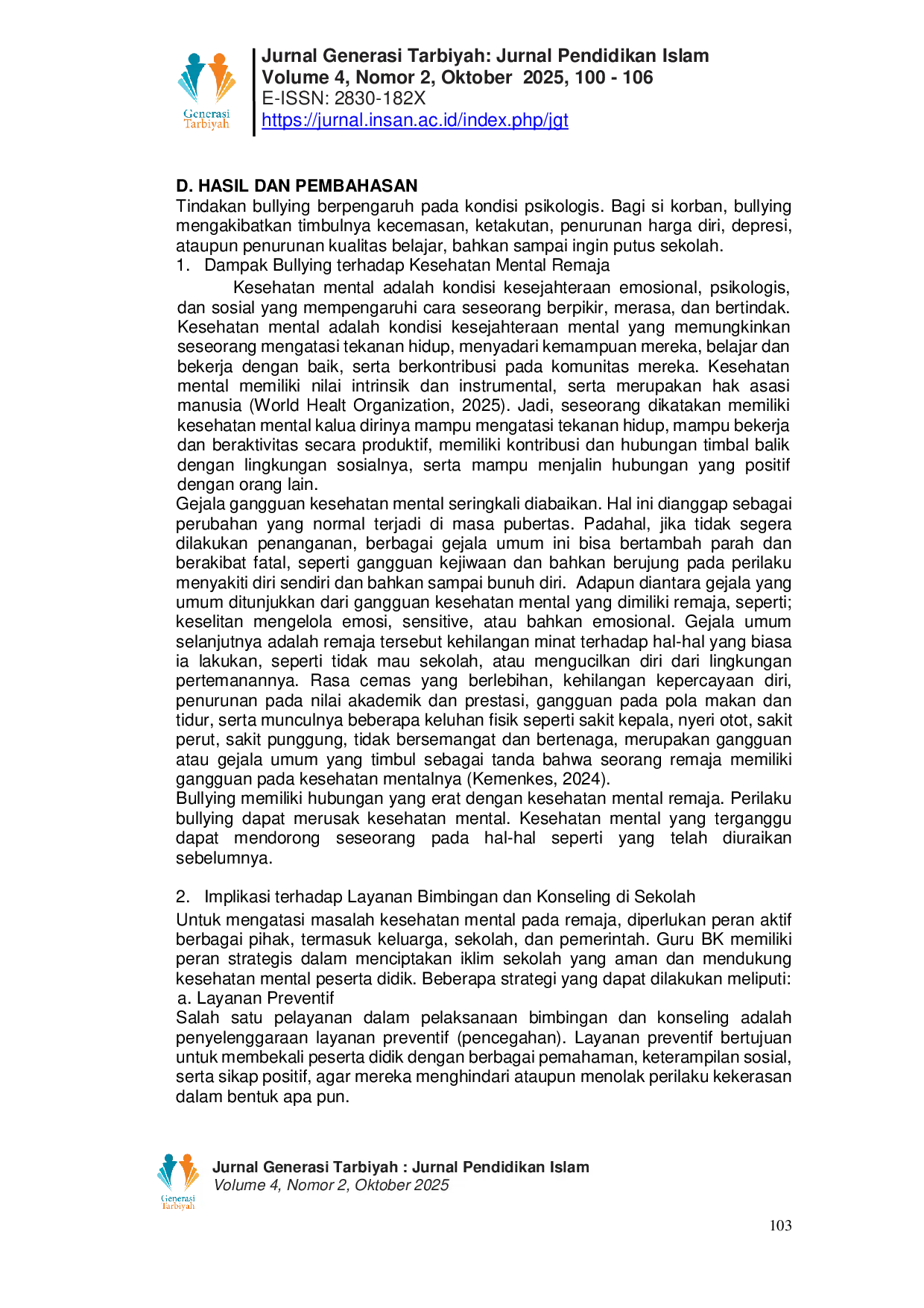 JURIS Dampak Bullying terhadap Kesehatan Mental Remaja dan Implikasinya dalam Layanan Bimbingan dan Konseling di SMP Negeri 1 Tilatang Kamang
