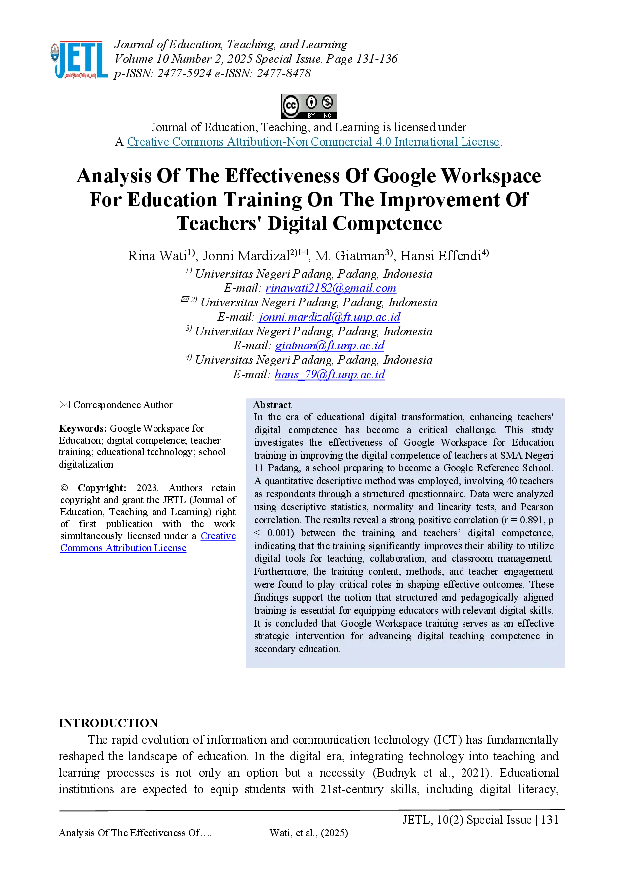 juris Analysis Of The Effectiveness Of Google Workspace For Education Training On The Improvement Of Teachers Digital Competence