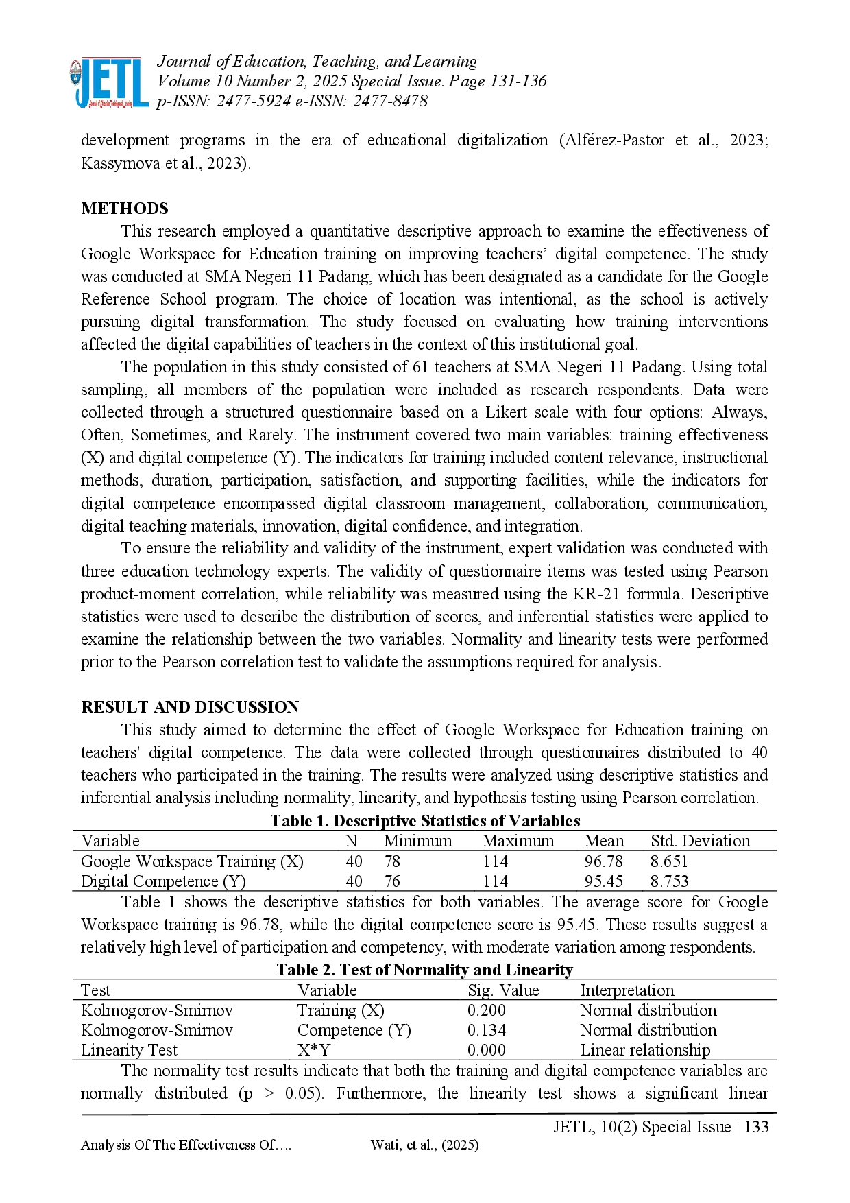 juris Analysis Of The Effectiveness Of Google Workspace For Education Training On The Improvement Of Teachers Digital Competence