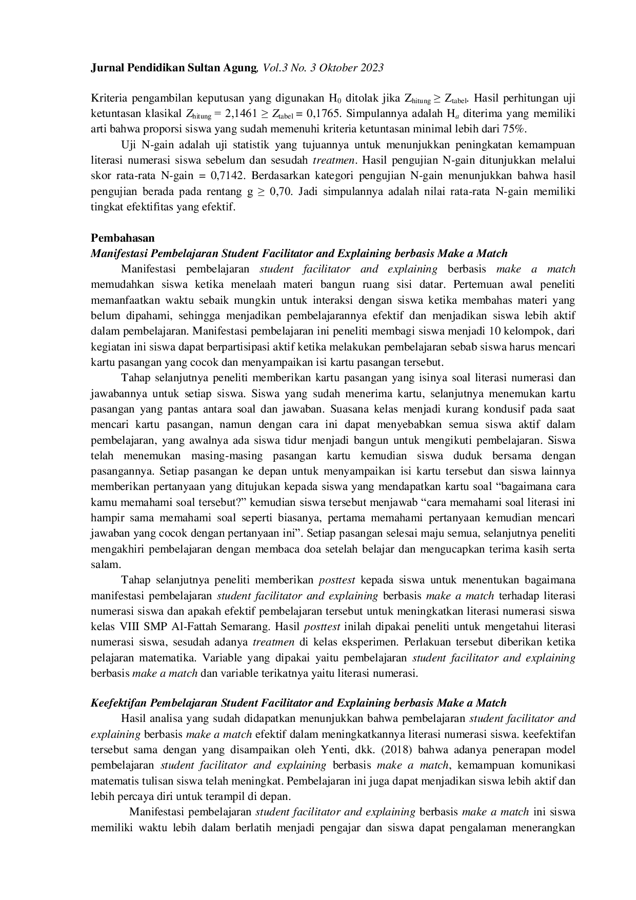 JURIS Manifestasi Pembelajaran Student Facilitator and Explaining Berbasis Make a Match terhadap Literasi Numerasi Siswa