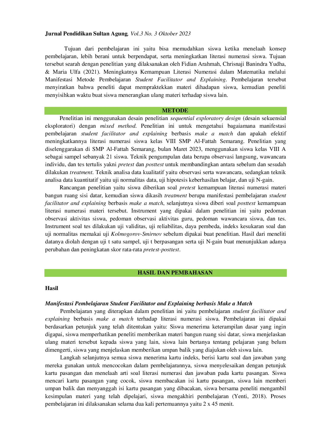 JURIS Manifestasi Pembelajaran Student Facilitator and Explaining Berbasis Make a Match terhadap Literasi Numerasi Siswa