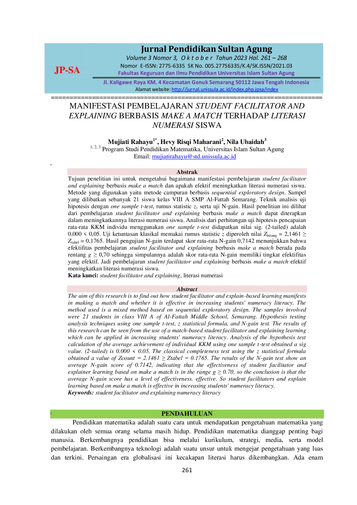 JURIS Manifestasi Pembelajaran Student Facilitator and Explaining Berbasis Make a Match terhadap Literasi Numerasi Siswa