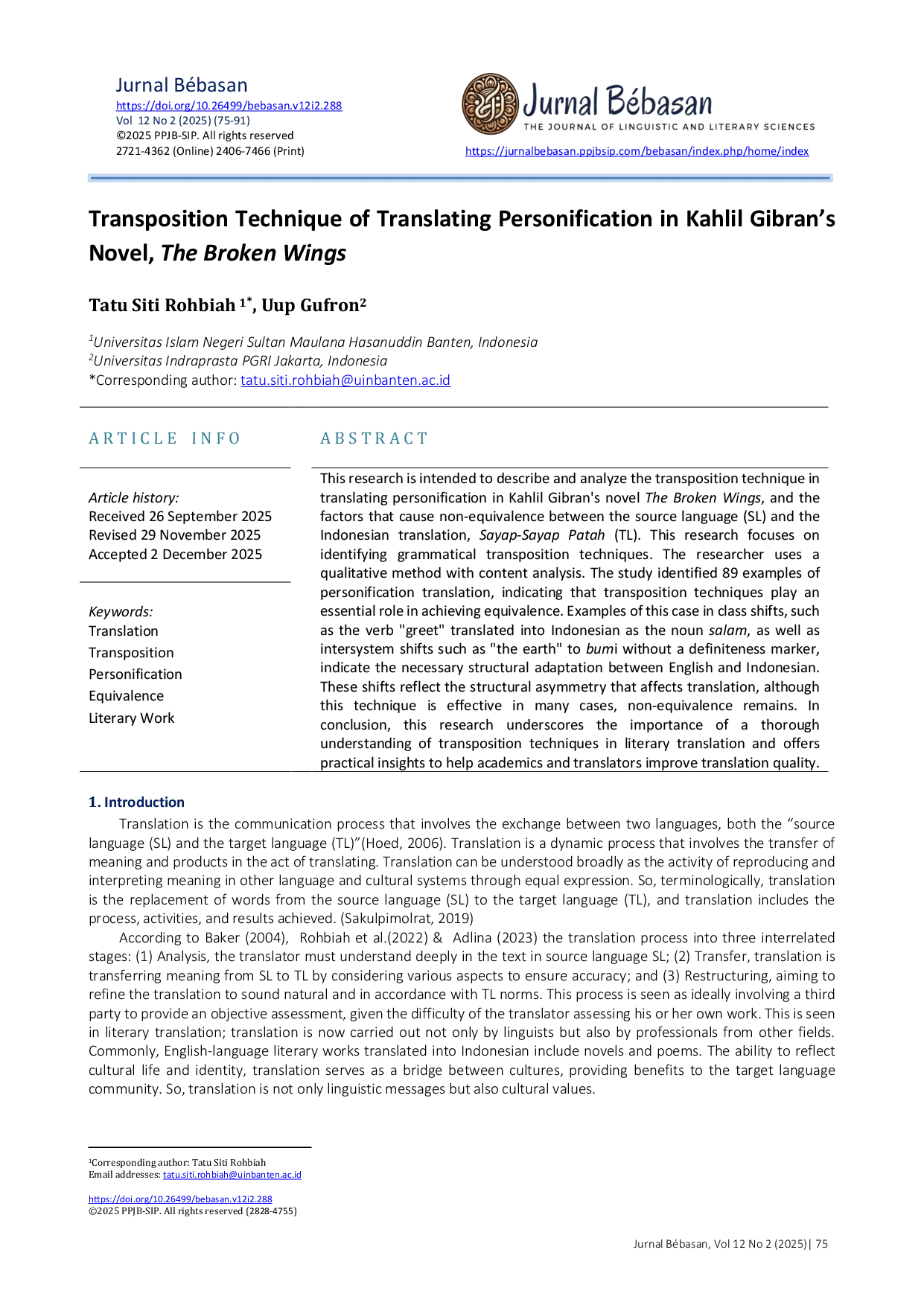 JURIS Transposition technique of translating personification in Kahlil Gibran s novel The Broken Wings