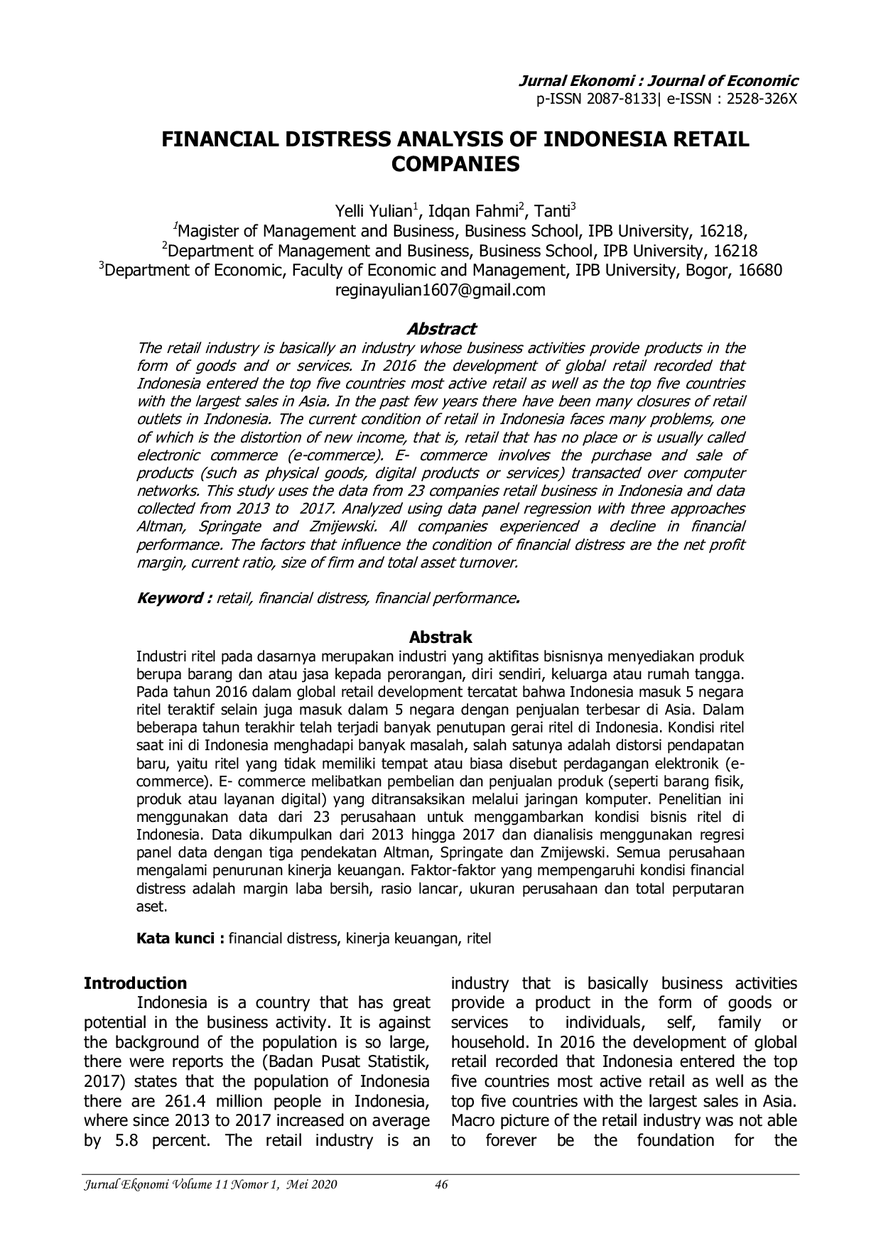 JURIS Analisis Financial Distress Perusahaan Ritel Indonesia