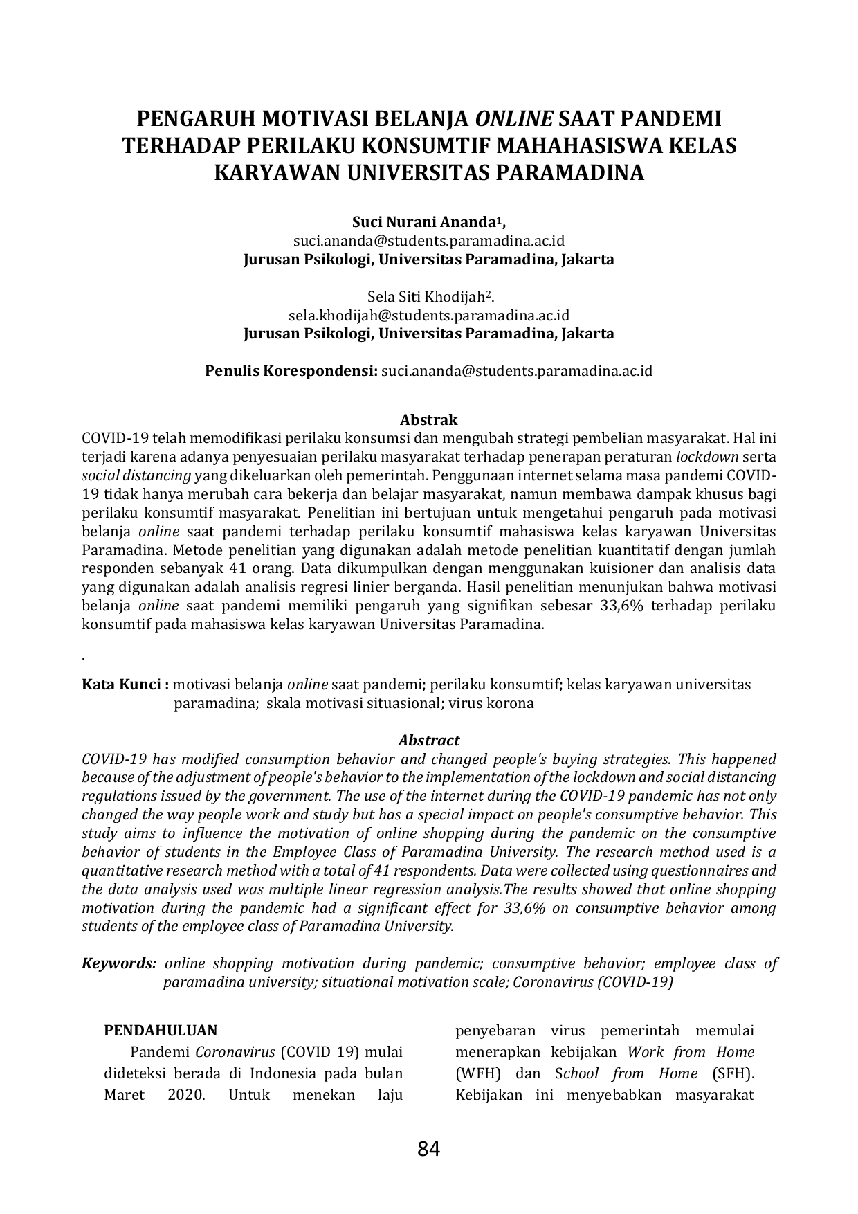 JURIS Pengaruh Motivasi Belanja Online Saat Pandemi Terhadap Perilaku Konsumtif Mahasiswa Kelas Karyawan Universitas Paramadina