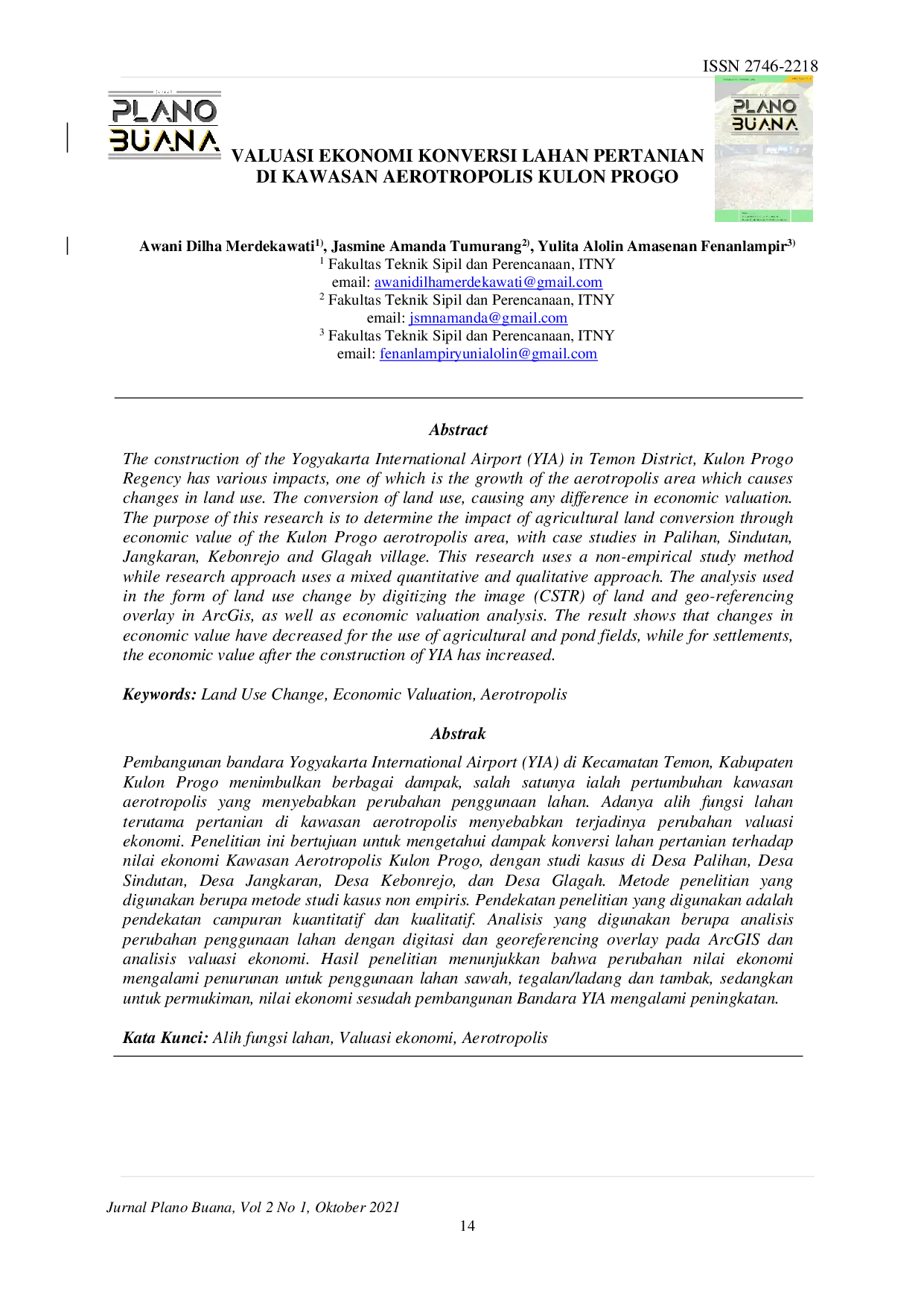 JURIS Valuasi Ekonomi Konversi Lahan Pertanian Di Kawasan Aerotropolis Kulon Progo