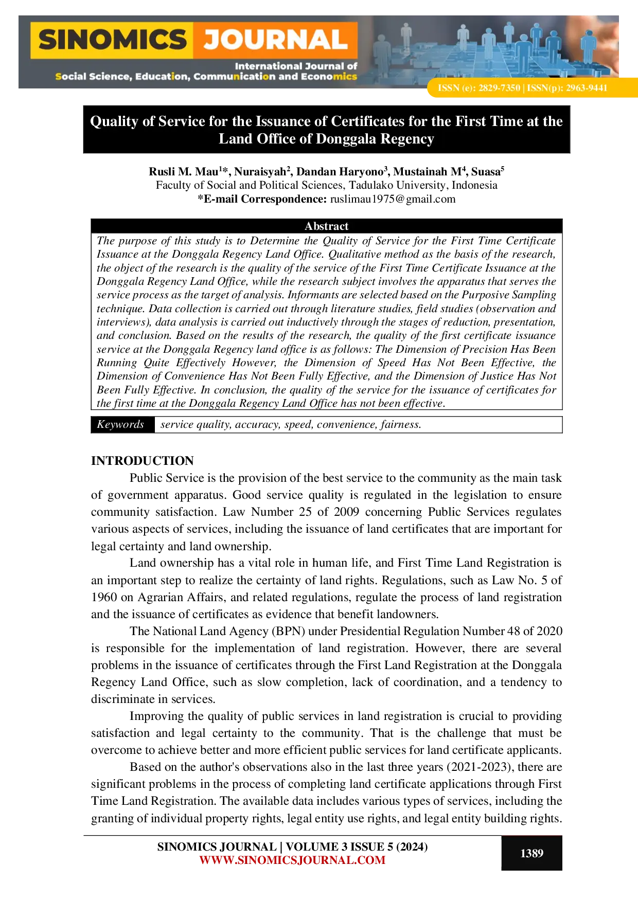 JURIS Quality of Service for the Issuance of Certificates for the First Time at the Land Office of Donggala Regency