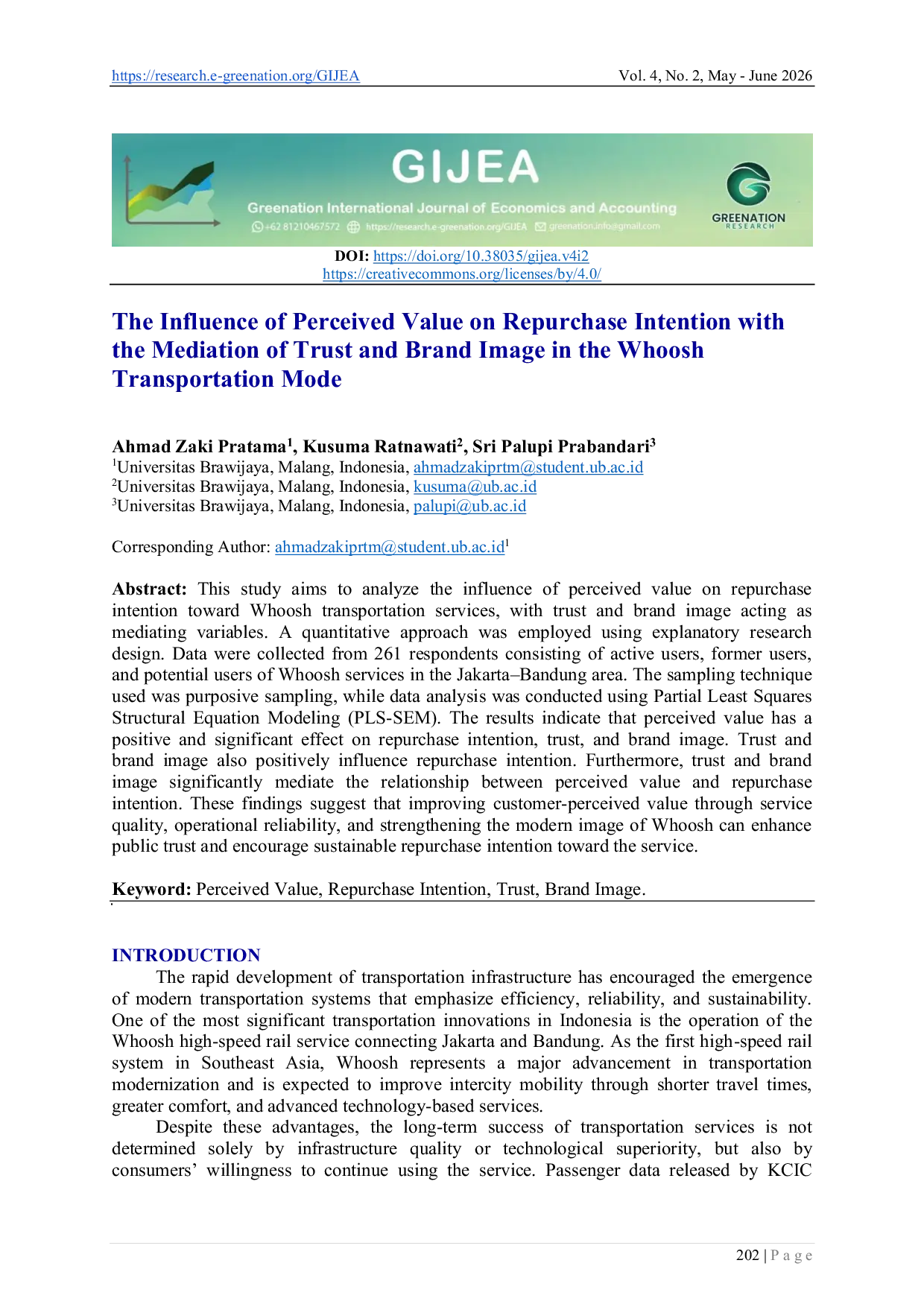 JURIS The Influence of Perceived Value on Repurchase Intention with the Mediation of Trust and Brand Image in the Whoosh Transportation Mode
