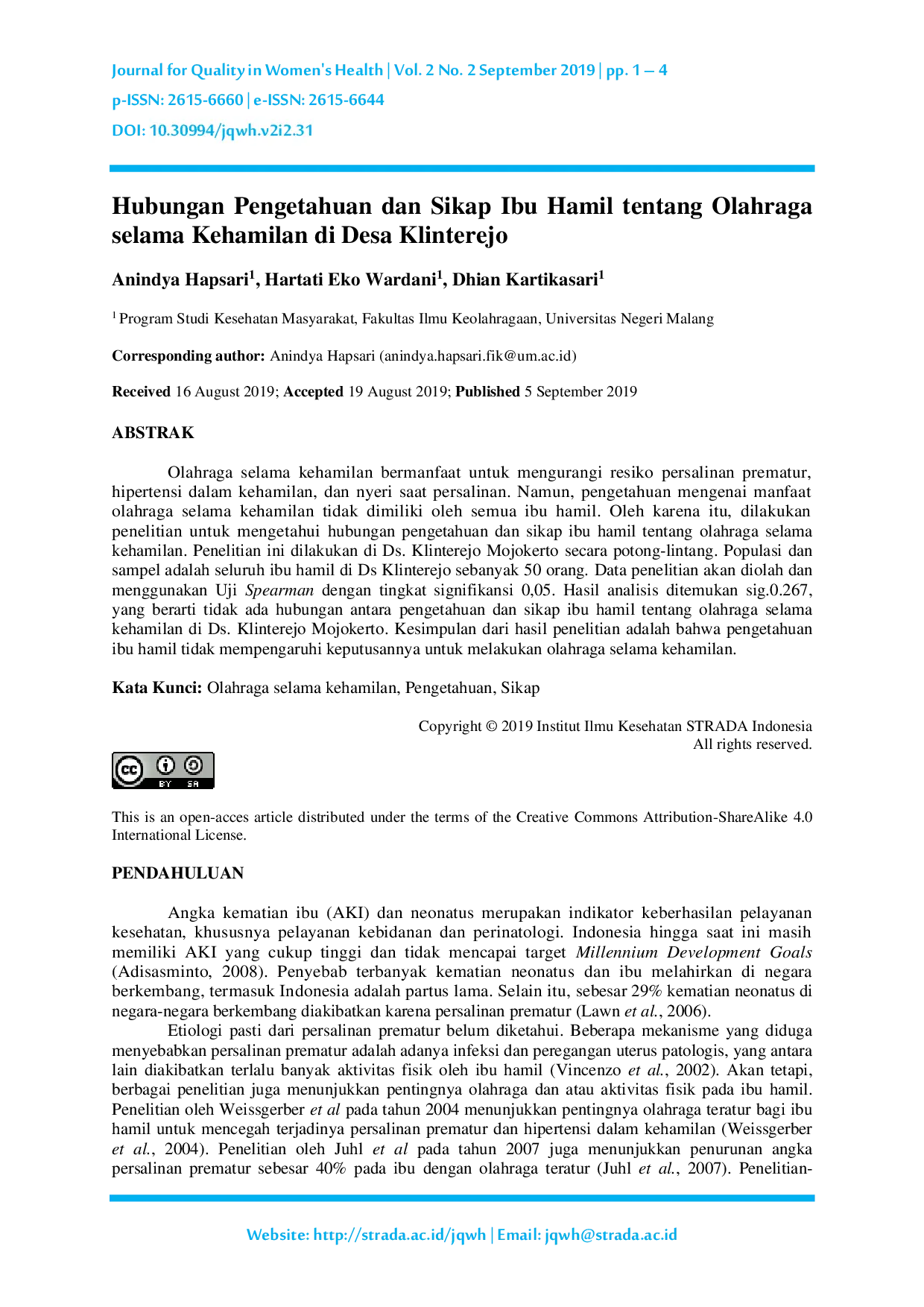 JURIS Hubungan Pengetahuan dan Sikap Ibu Hamil tentang Olahraga selama Kehamilan di Desa Klinterejo