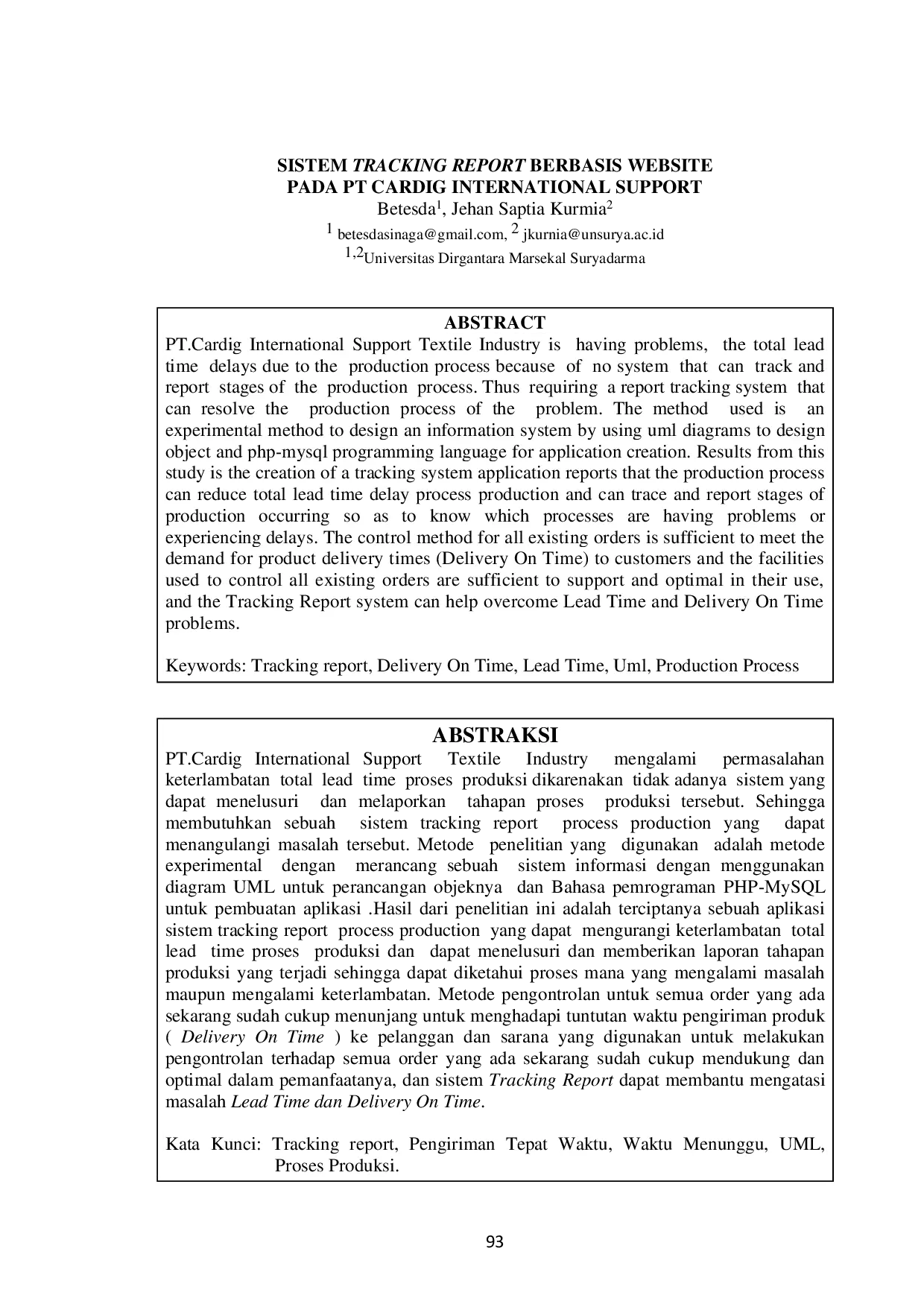 JURIS Sistem Tracking Report Berbasis Website Pada Pt Cardig International Support