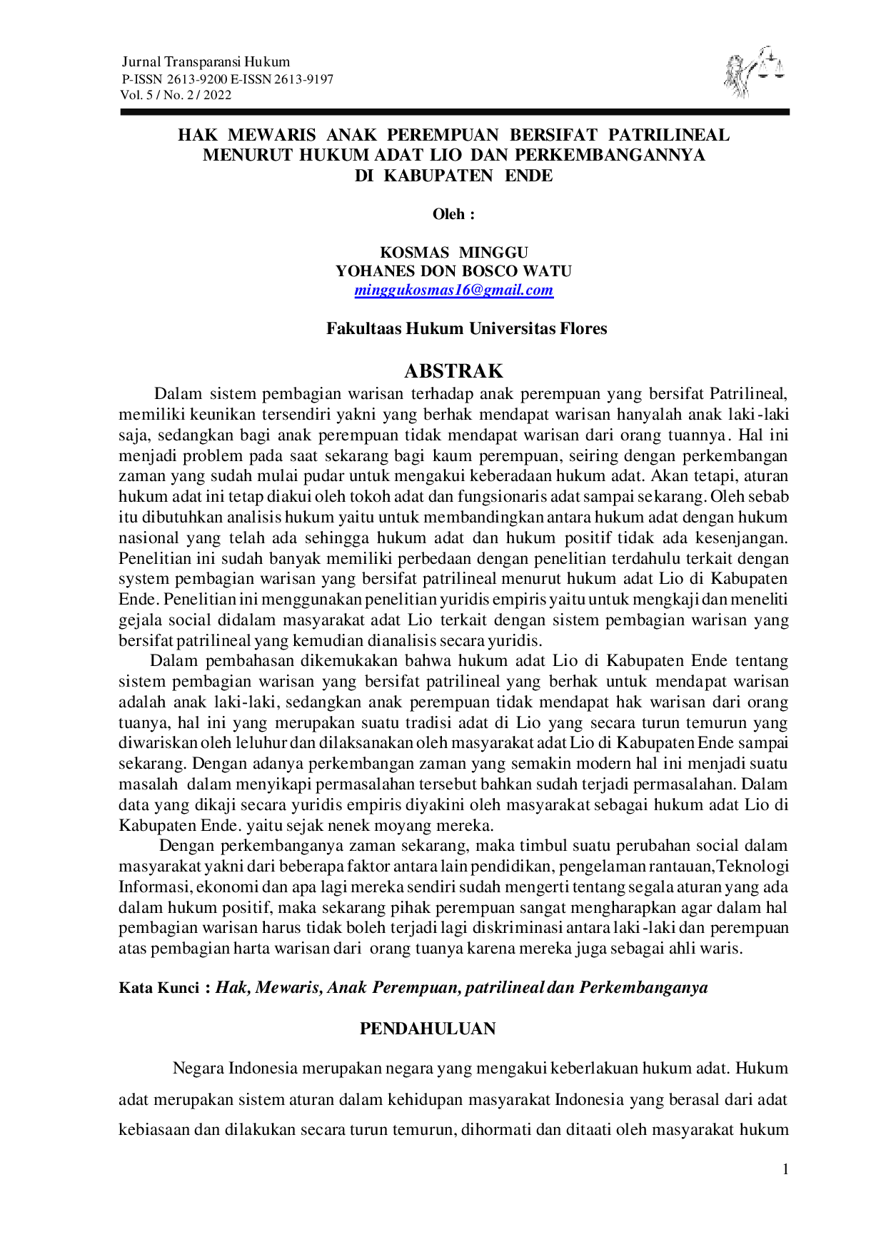 JURIS Hak Mewaris Anak Perempuan Bersifat Patrilineal Menurut Hukum Adat Lio dan Perkembangannya di Kabupaten Ende