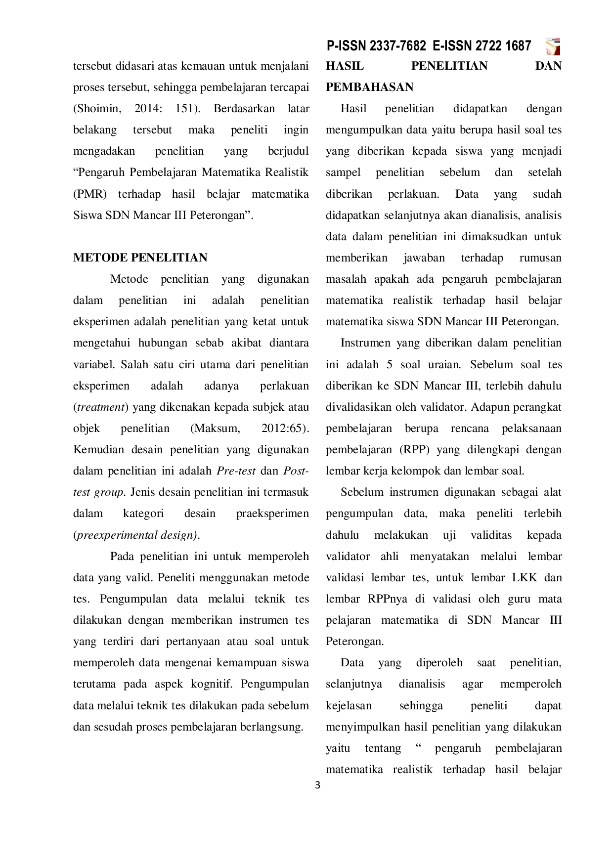 JURIS Pengaruh Model Pembelajaran Matematika Realistik PMR Terhadap Hasil Belajar Siswa Sdn Mancar Iii Peterongan