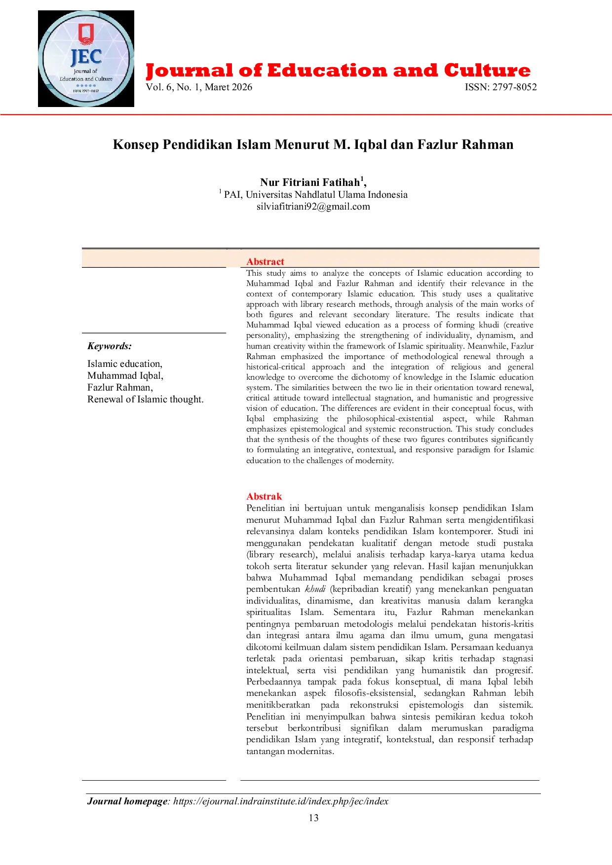 JURIS Konsep Pendidikan Islam Menurut M Iqbal dan Fazlur Rahman