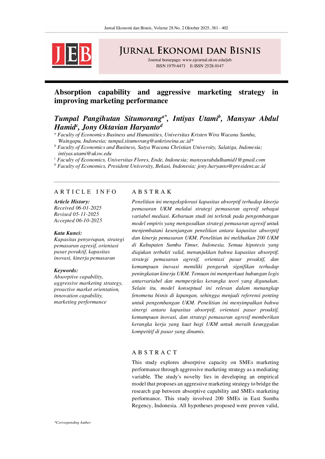 JURIS Absorption capability and aggressive marketing strategy in improving marketing performance