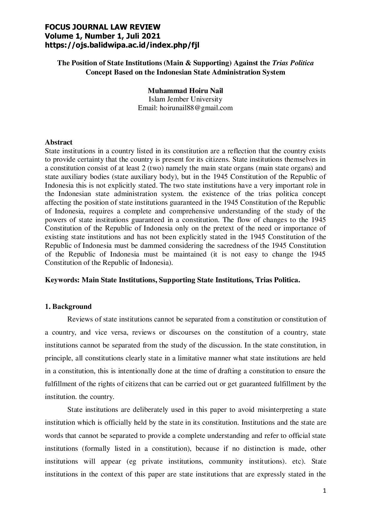 JURIS The Position of State Institutions Main Supporting Against the Trias Politica Concept Based on the Indonesian State Administration System
